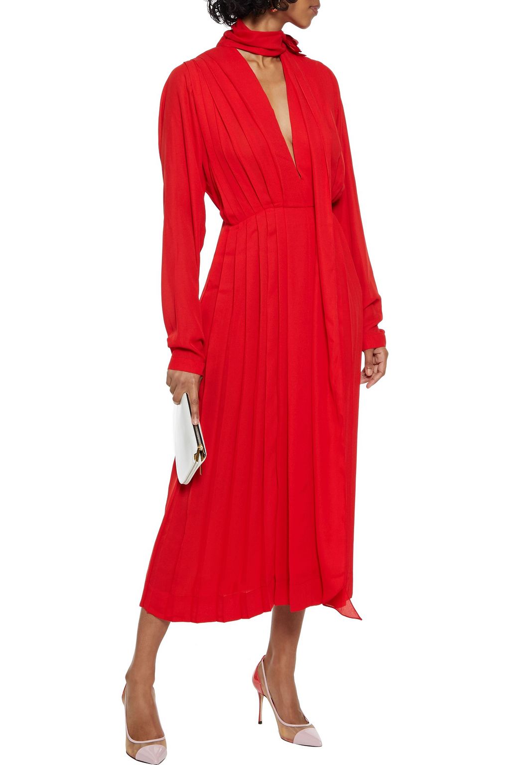 VICTORIA BECKHAM Floral appliquéd tie-neck pleated crepe de chine midi dress