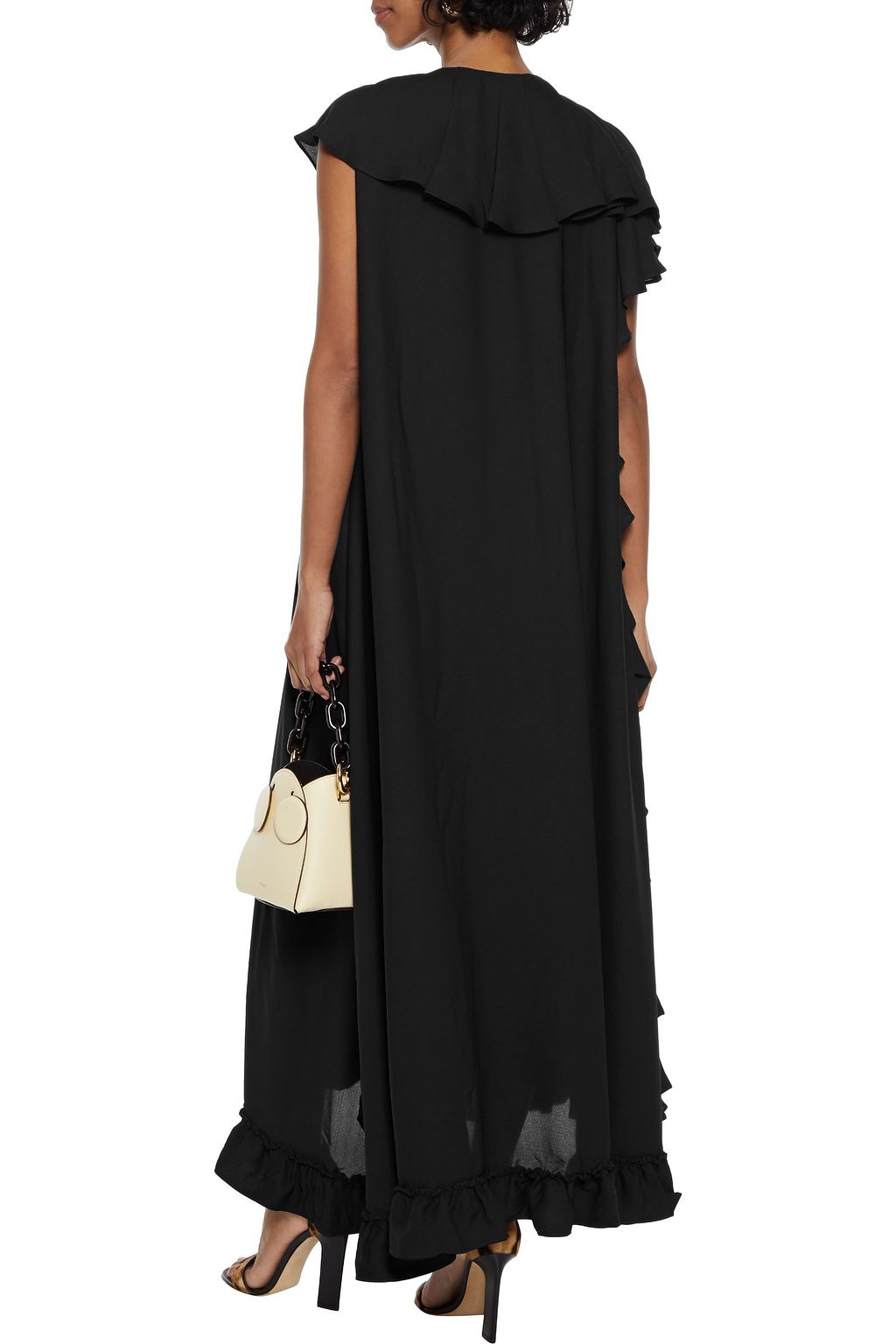 VICTORIA BECKHAM Asymmetric ruffle-trimmed crepe chine maxi dress