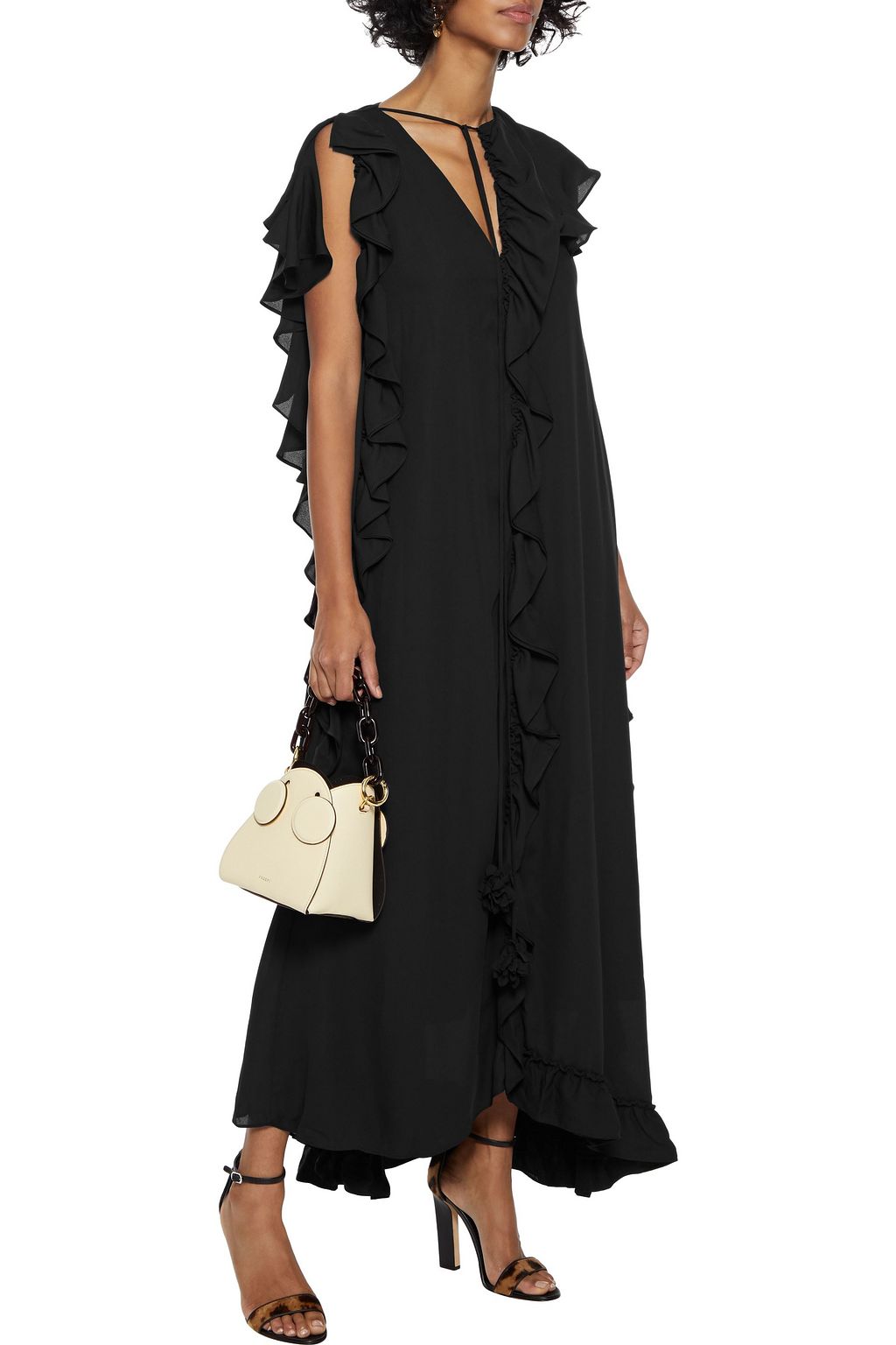 VICTORIA BECKHAM Asymmetric ruffle-trimmed crepe chine maxi dress