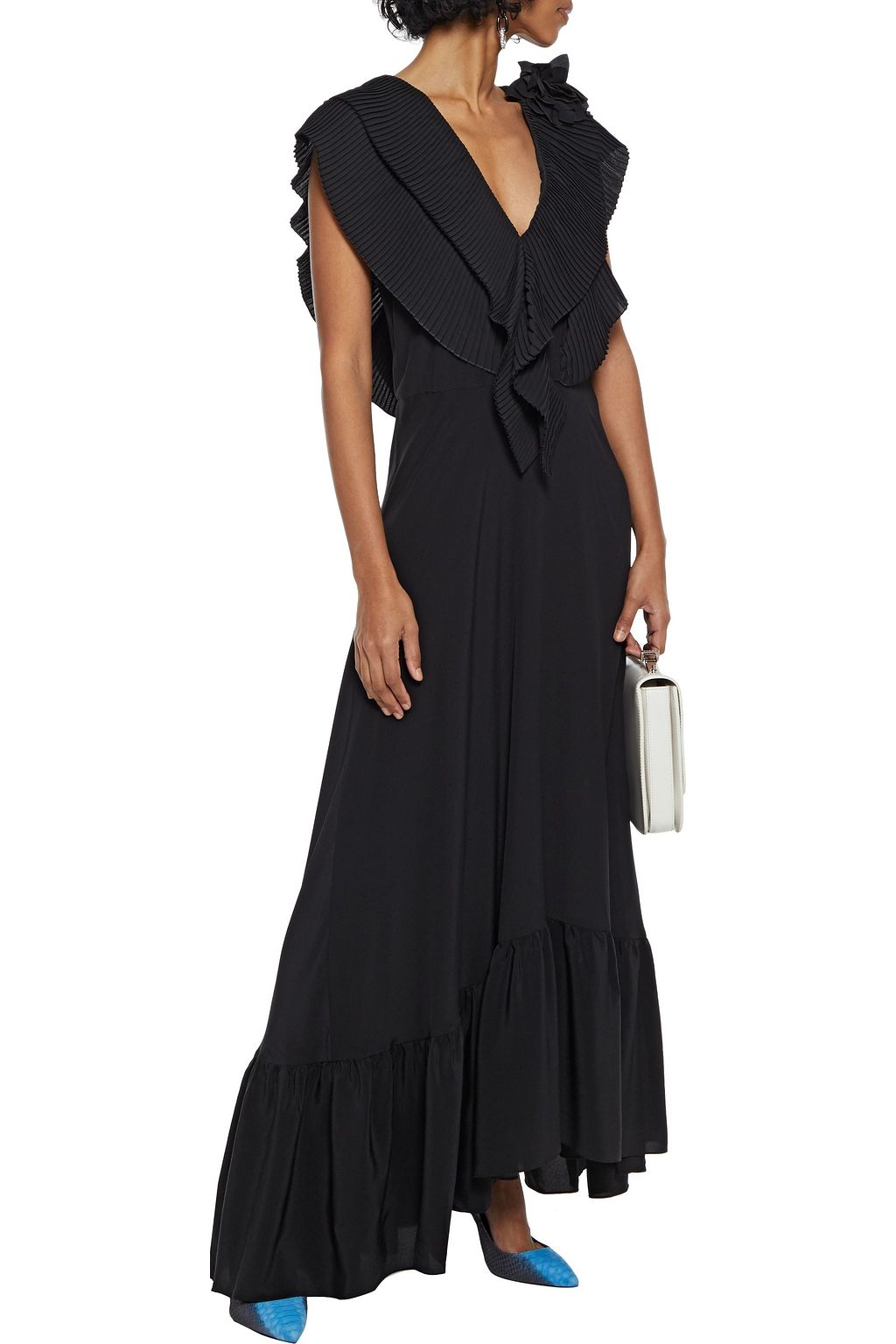 VICTORIA BECKHAM Floral-appliquéd ruffled silk crepe de chine maxi dress