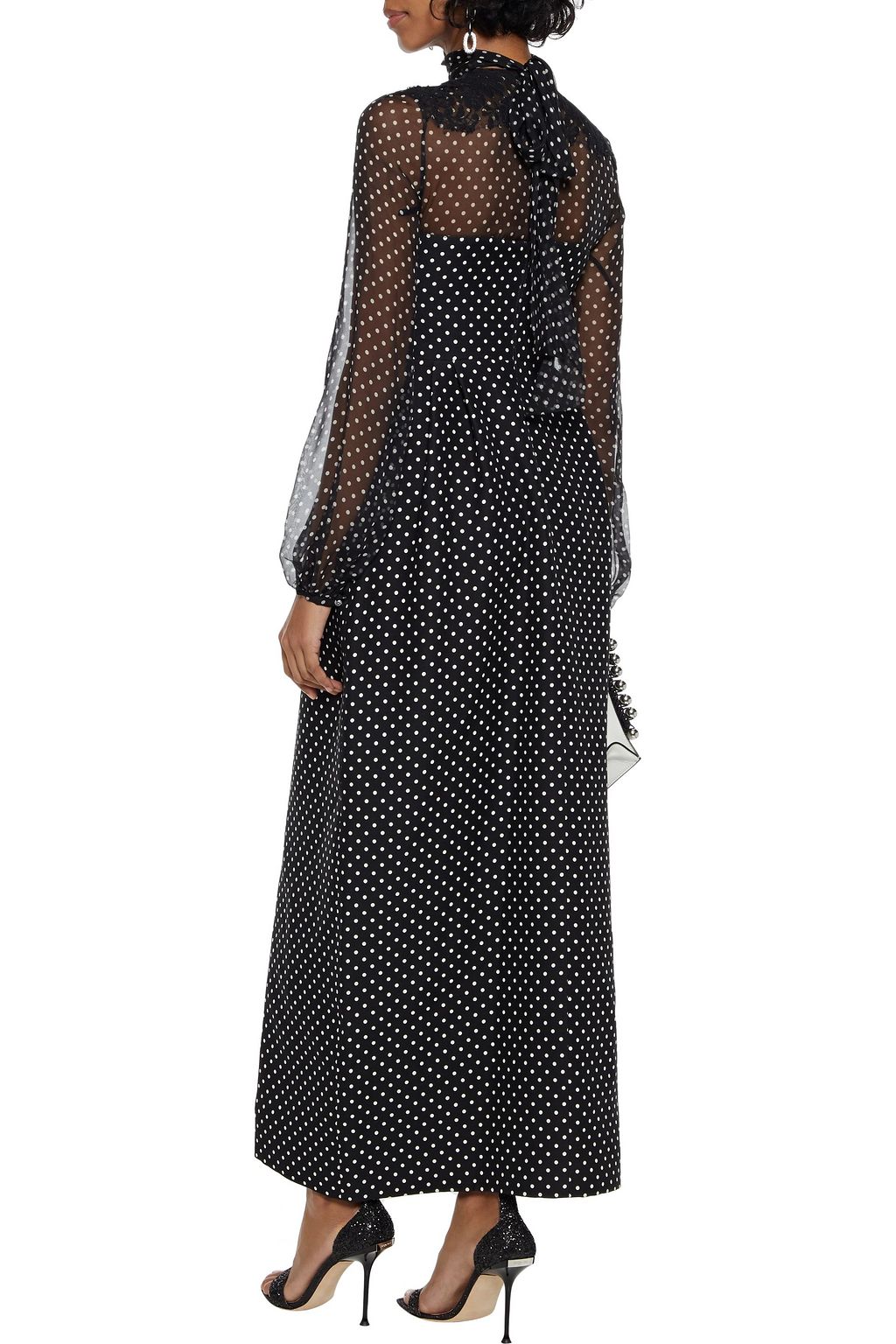 VALENTINO GARAVANI Lace-appliquéd chiffon-paneled polka-dot wool and silk-blend maxi dress