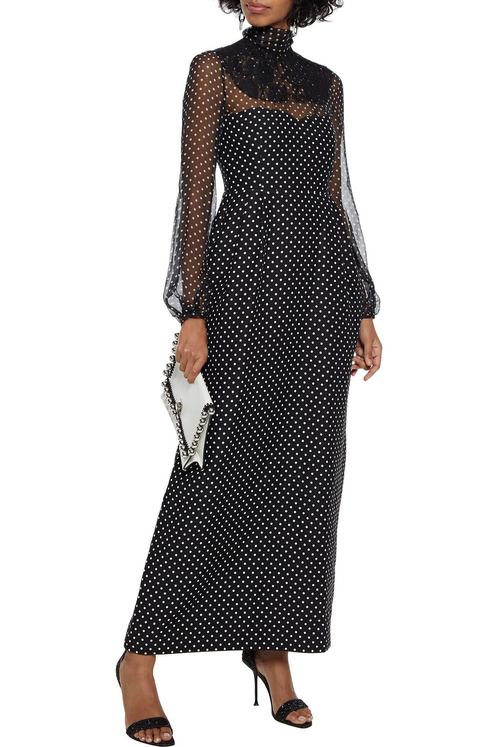 VALENTINO GARAVANI Lace-appliquéd chiffon-paneled polka-dot wool and silk-blend maxi dress