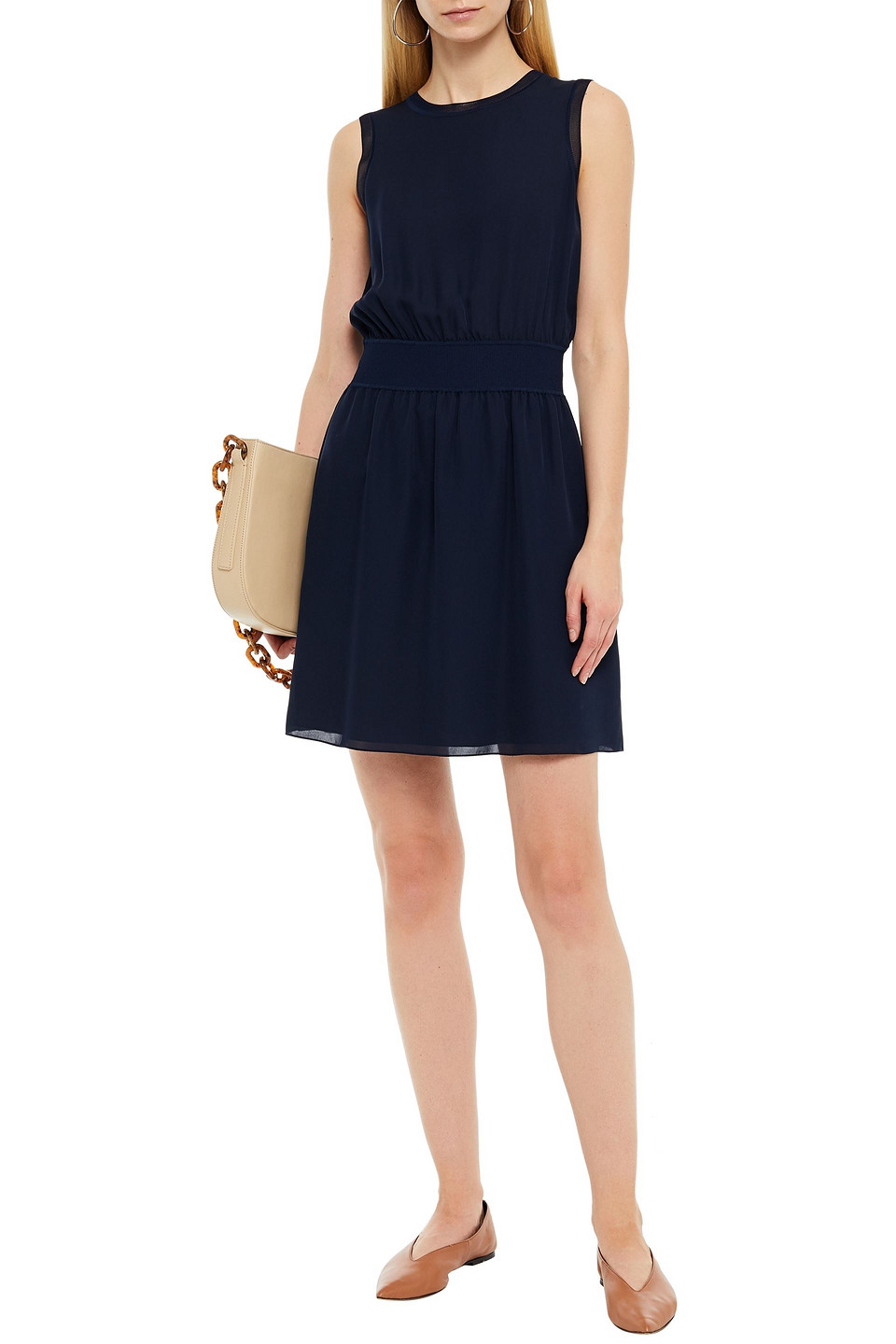 Click to view more detailed imagery on our partner's website Theory Gathered Silk Crepe De Chine Mini Dress In Navy