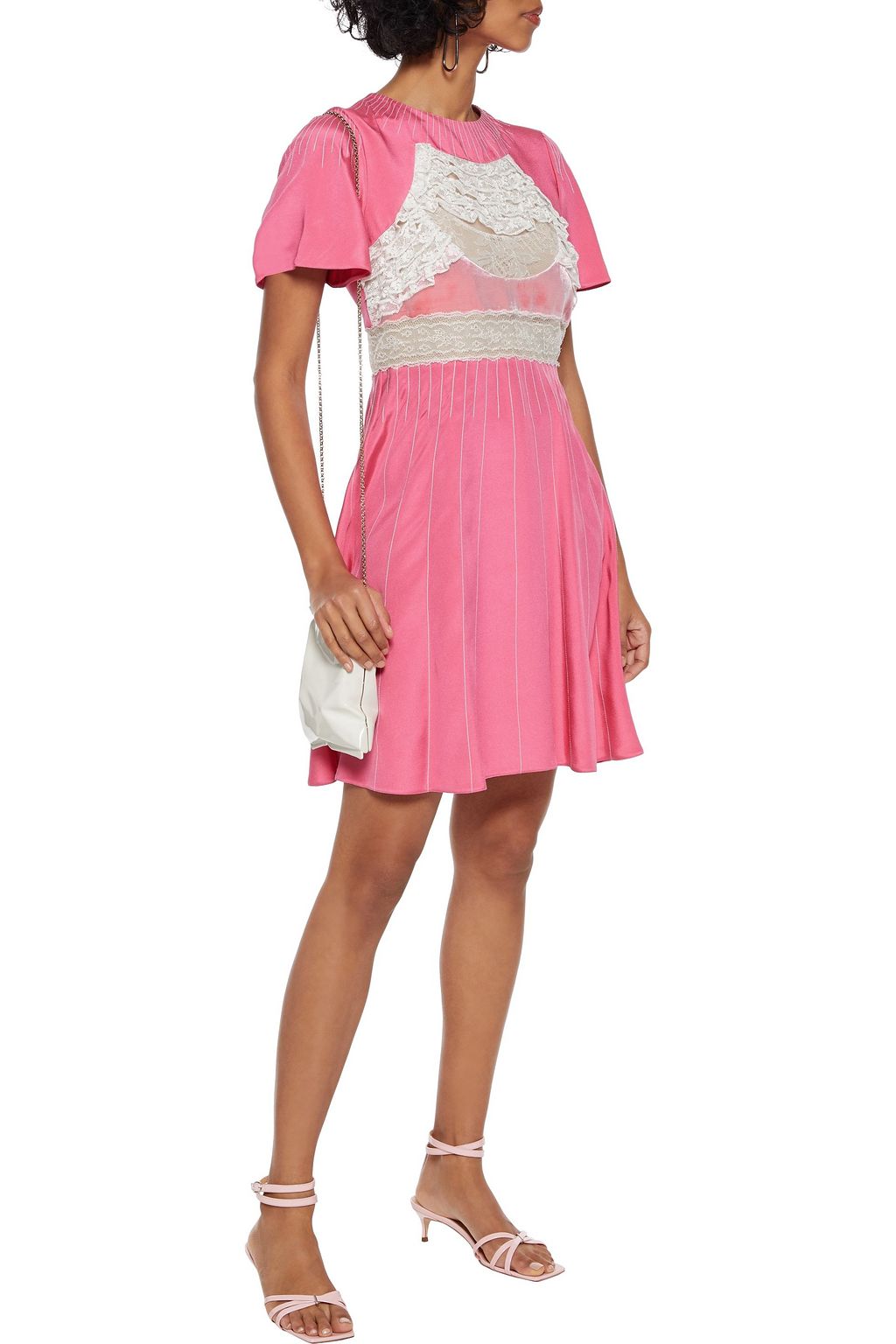 VALENTINO GARAVANI Ruffled lace-paneled embroidered silk mini dress