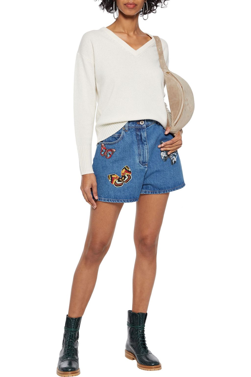 VALENTINO GARAVANI Bead-embellished denim shorts