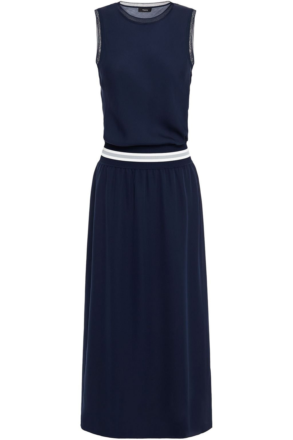 ネイビー ギャザー入り ストライプシルククレープ ミディワンピース The Outnet Theory The Outnet