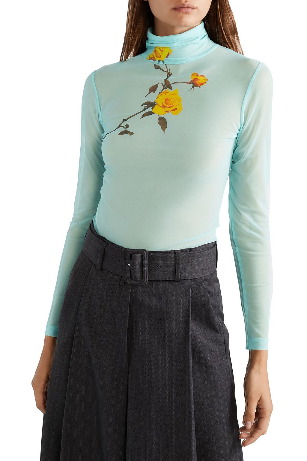 DRIES VAN NOTEN Floral-print stretch-tulle turtleneck top