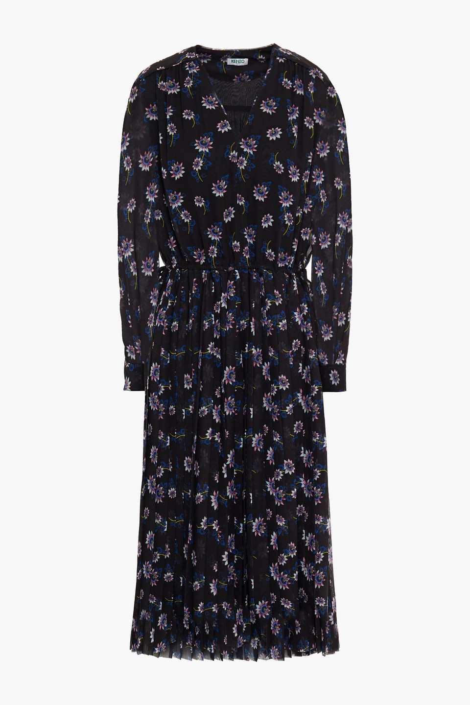 kenzo - pleated floral-print georgette midi dress - black - fr 40