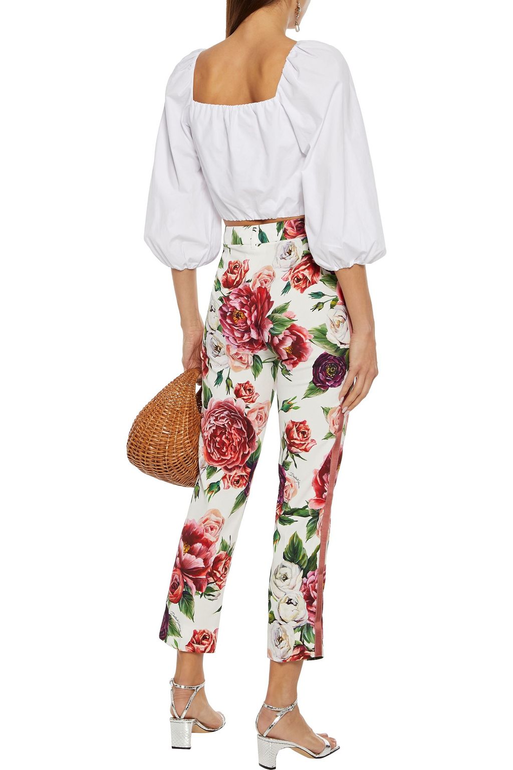 DOLCE&GABBANA Cropped satin-trimmed floral-print crepe slim-leg pants