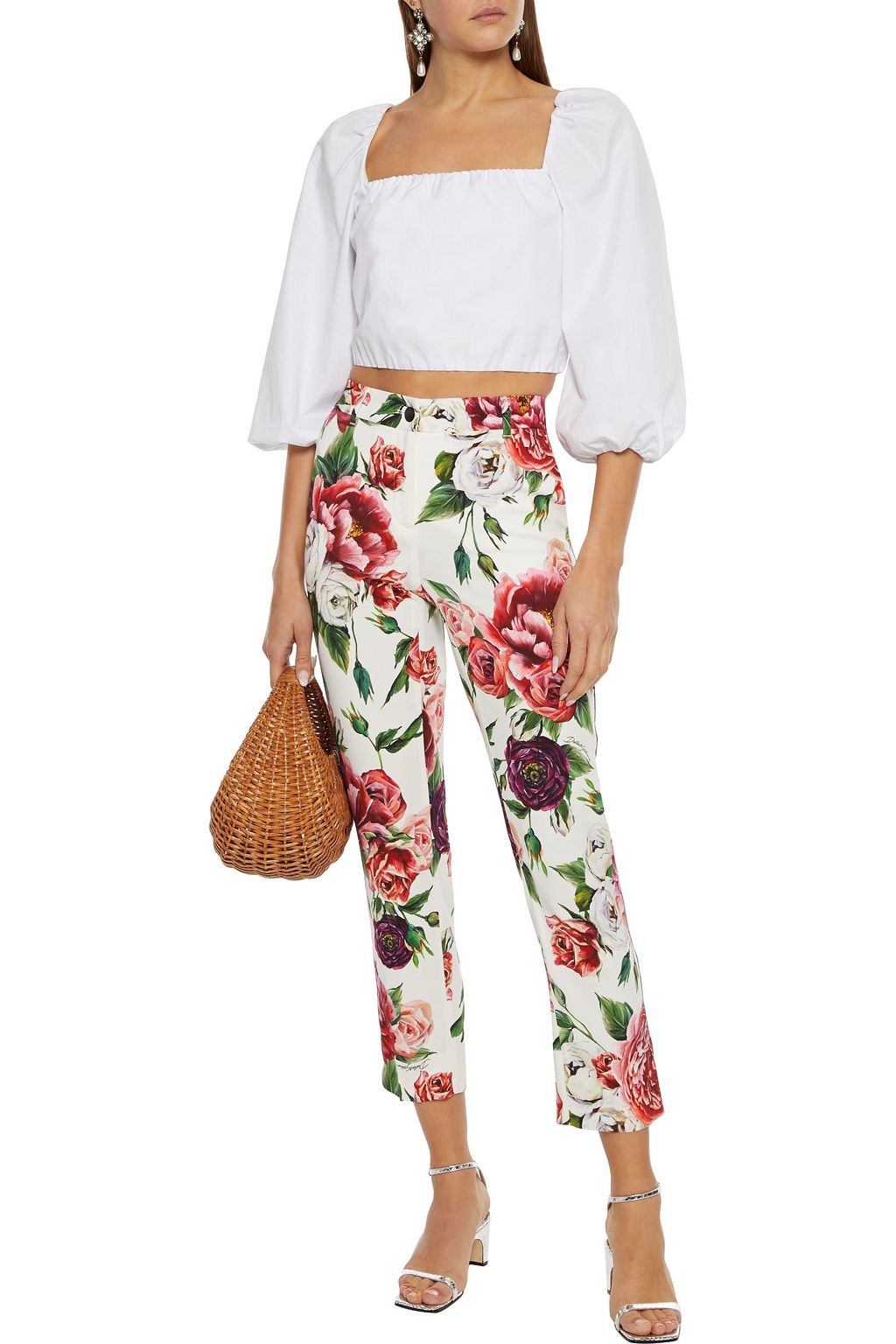 DOLCE&GABBANA Cropped satin-trimmed floral-print crepe slim-leg pants
