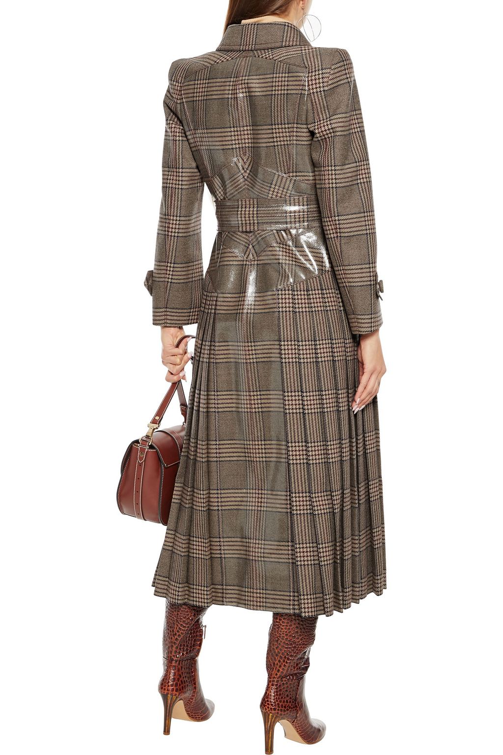 FENDI Belted pleated checked coated wool coat