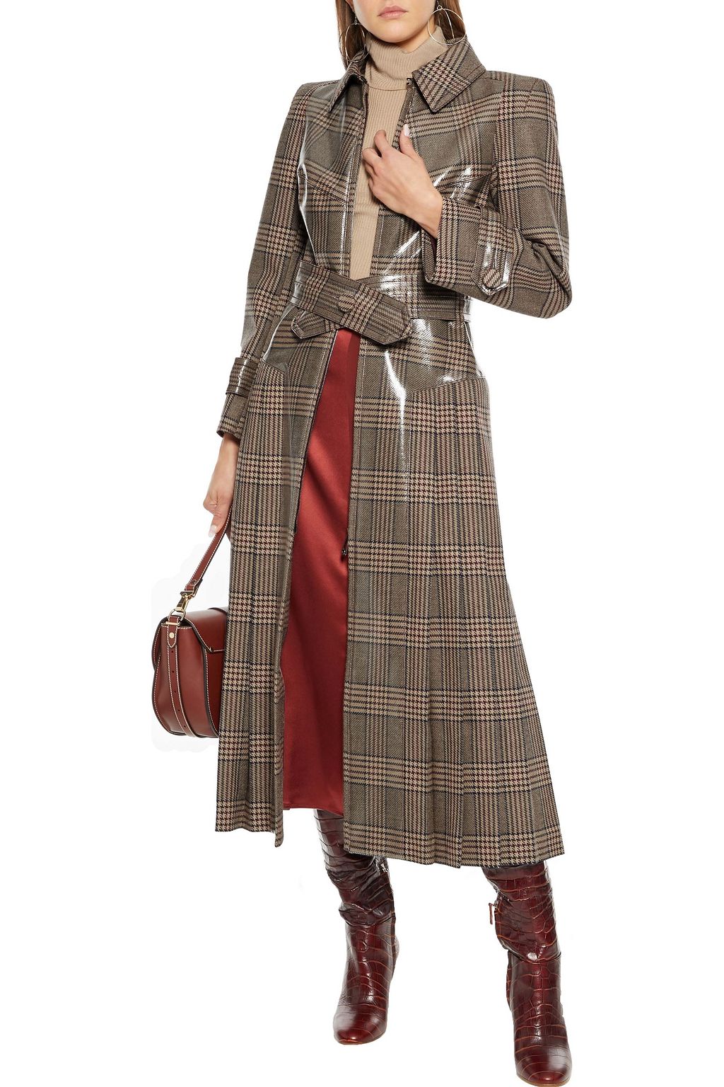 FENDI Belted pleated checked coated wool coat