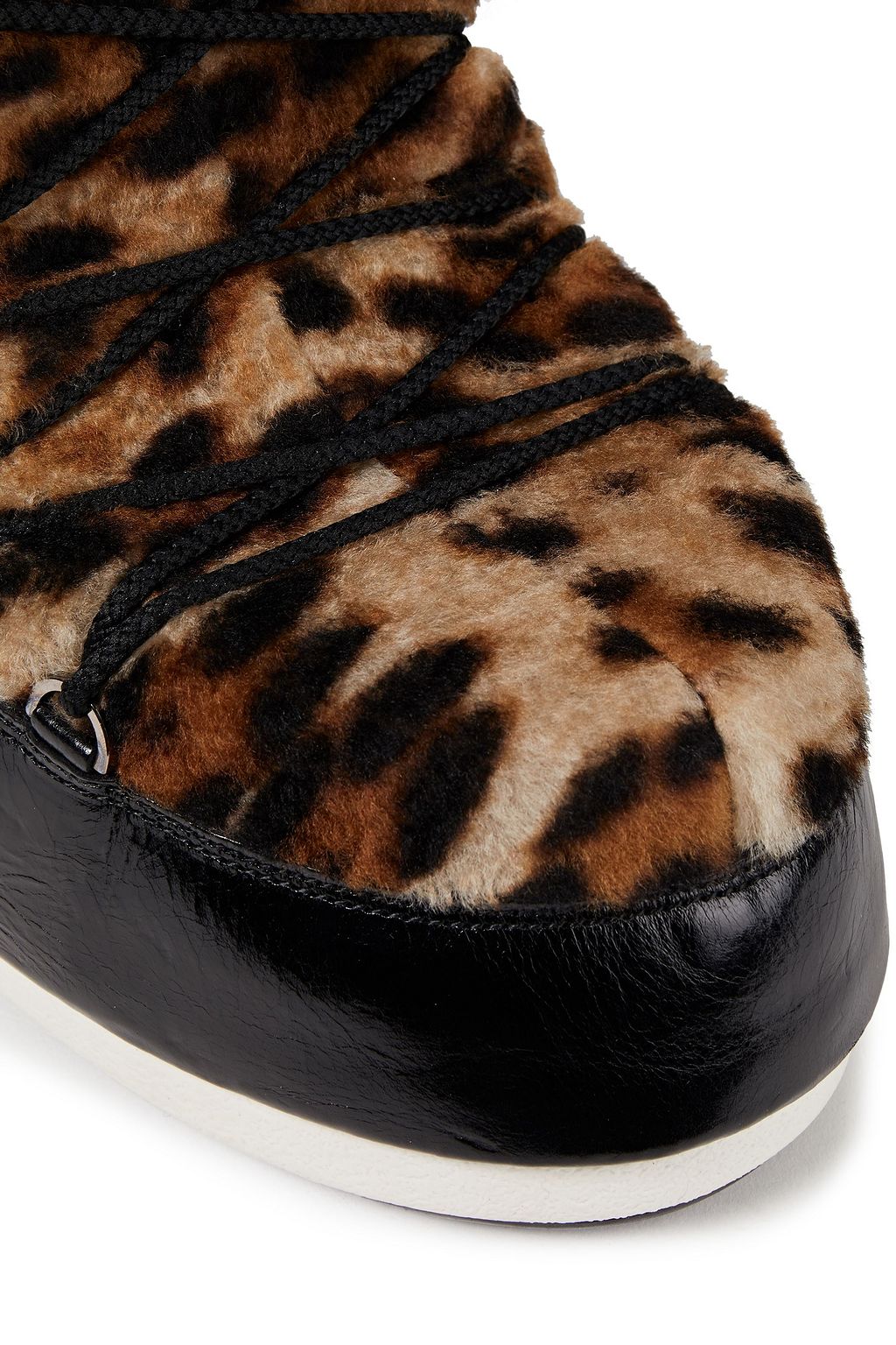 YVES SALOMON X MOON BOOT Lace-up leopard-print shearling and cracked patent-leather snow boots