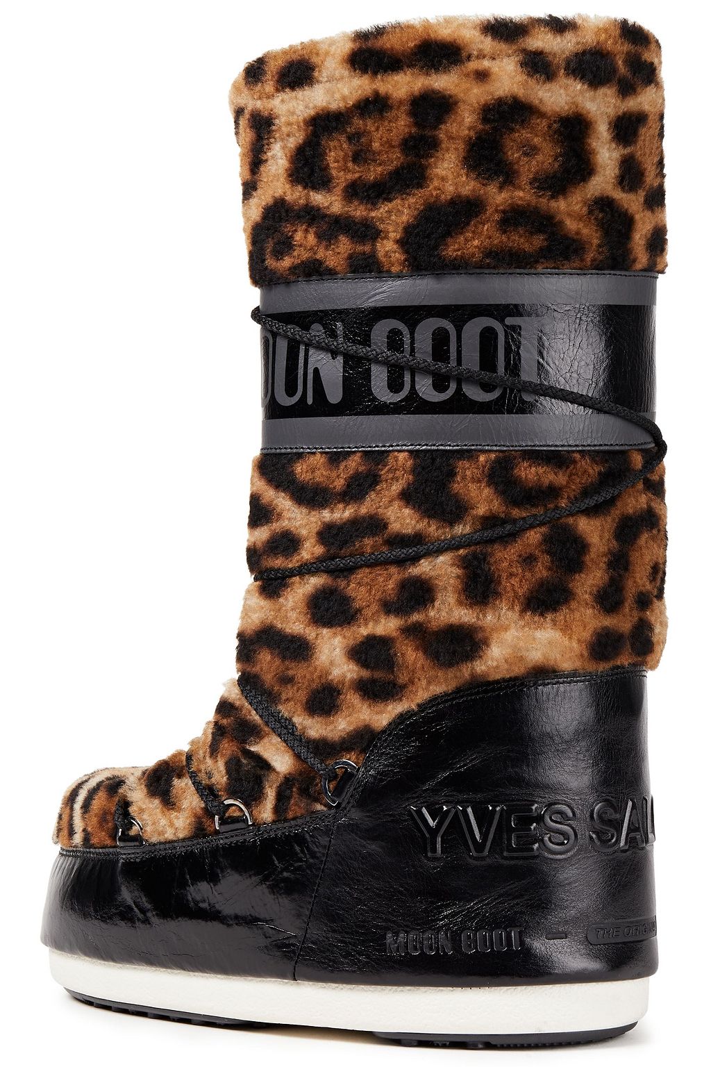 YVES SALOMON X MOON BOOT Lace-up leopard-print shearling and cracked patent-leather snow boots