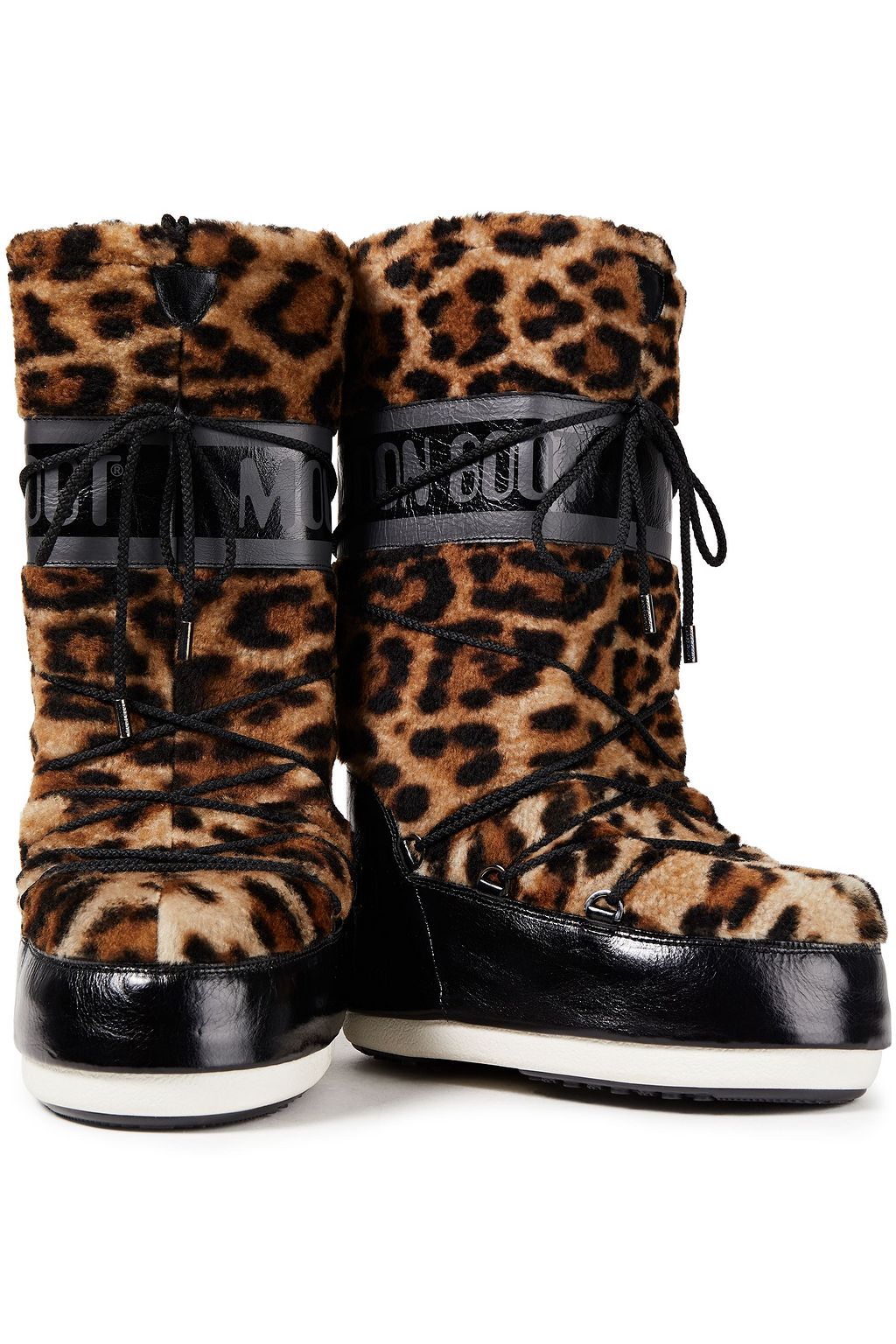 YVES SALOMON X MOON BOOT Lace-up leopard-print shearling and cracked patent-leather snow boots