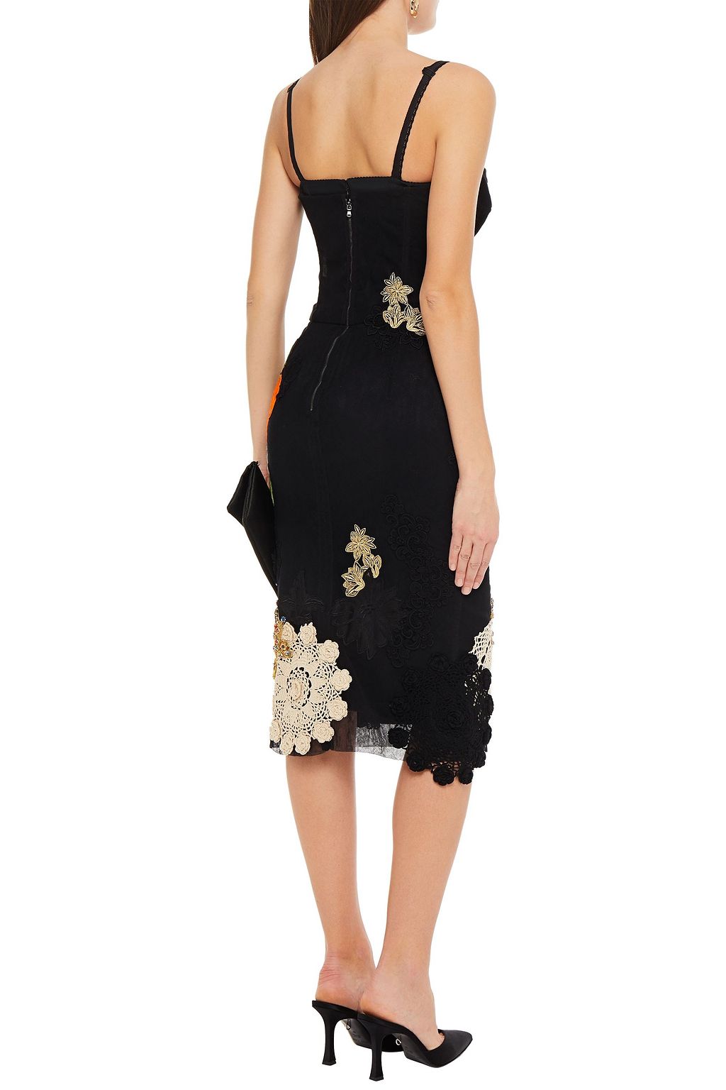 DOLCE&GABBANA Crochet-paneled embroidered satin and mesh dress