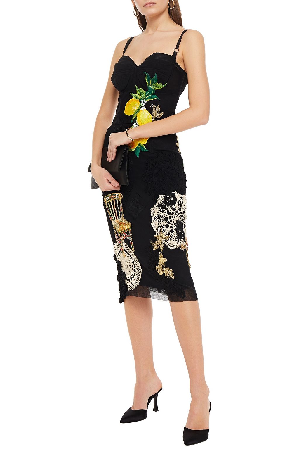 DOLCE&GABBANA Crochet-paneled embroidered satin and mesh dress