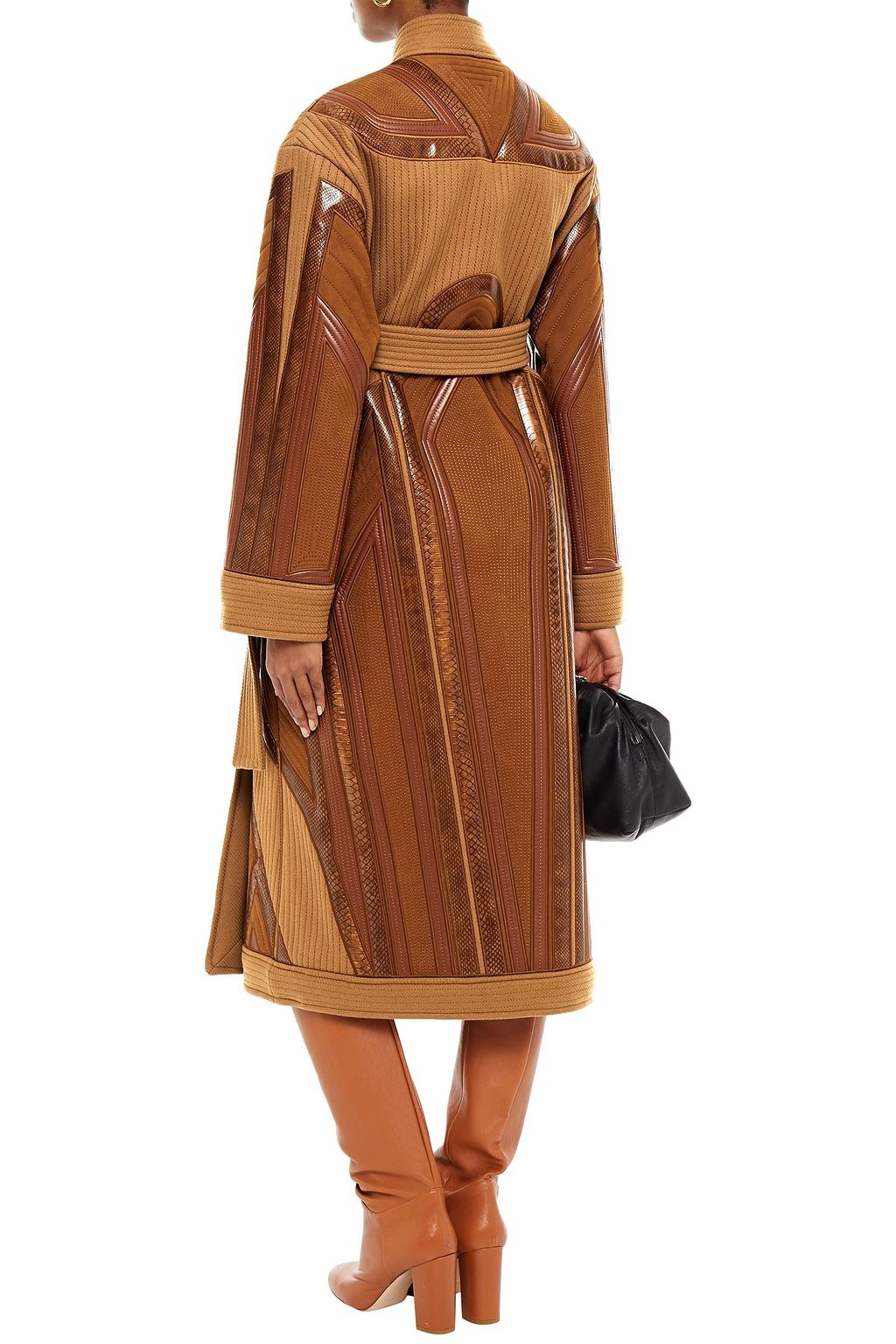 STELLA MCCARTNEY Belted patchwork snake-effect, faux leather and wool coat