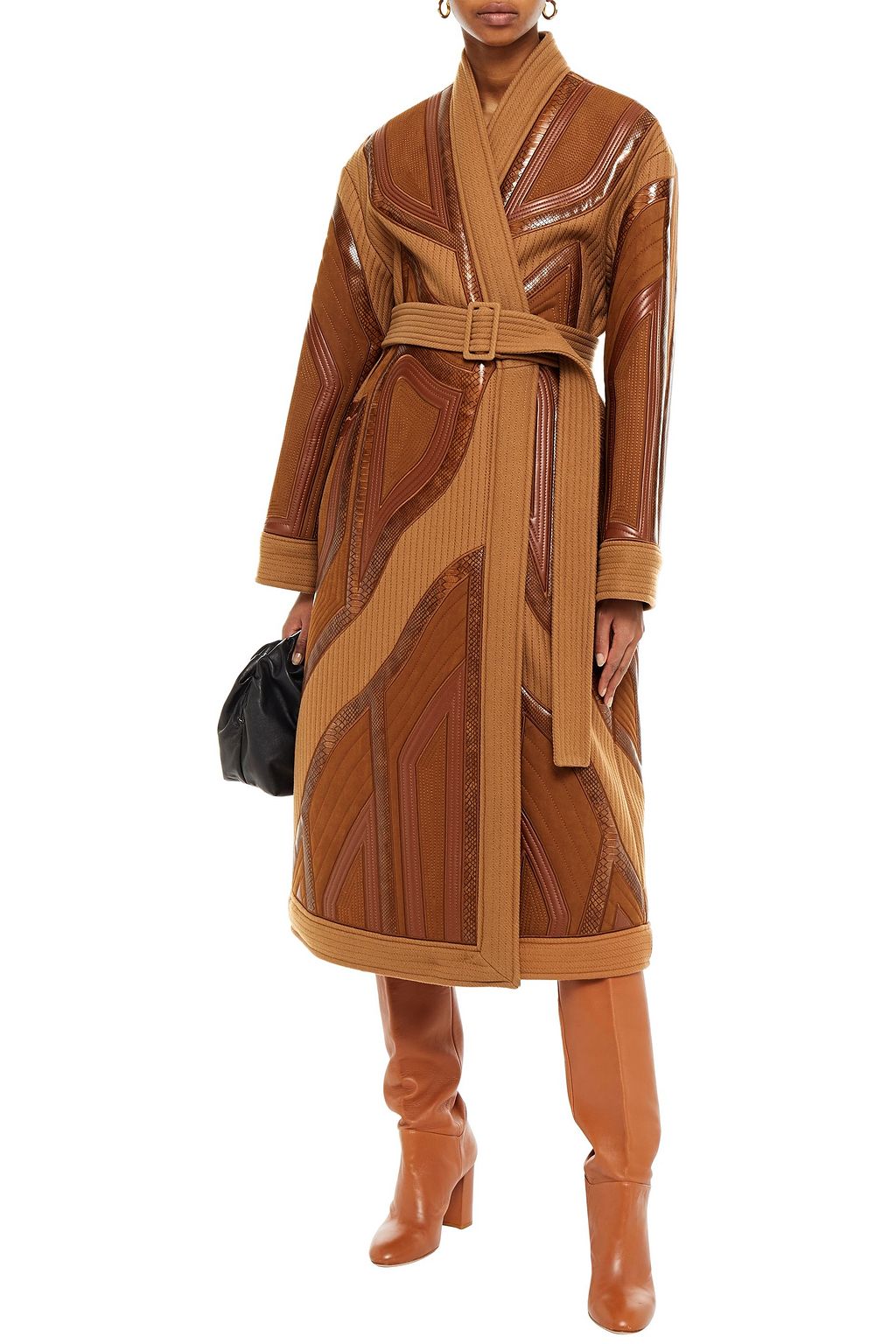 STELLA MCCARTNEY Belted patchwork snake-effect, faux leather and wool coat