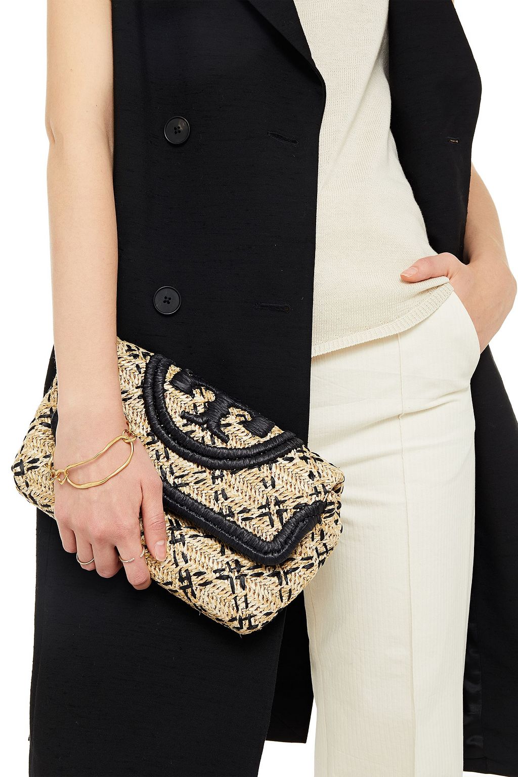 TORY BURCH Fleming embroidered raffia clutch