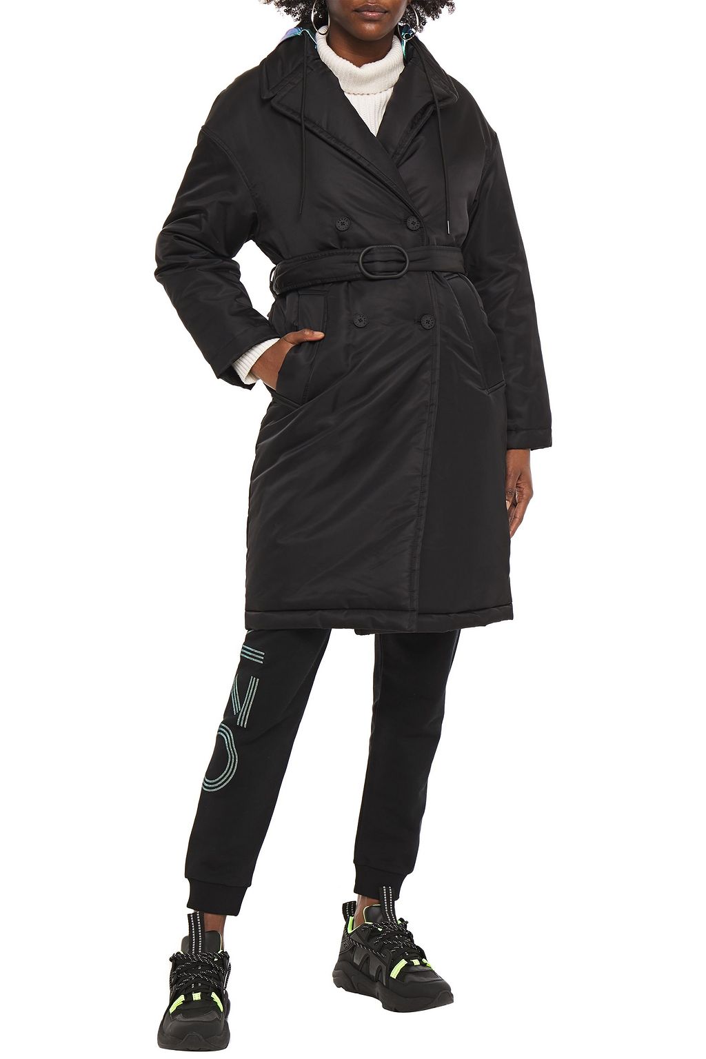 KENZO Double-breasted belted shell hooded coat
