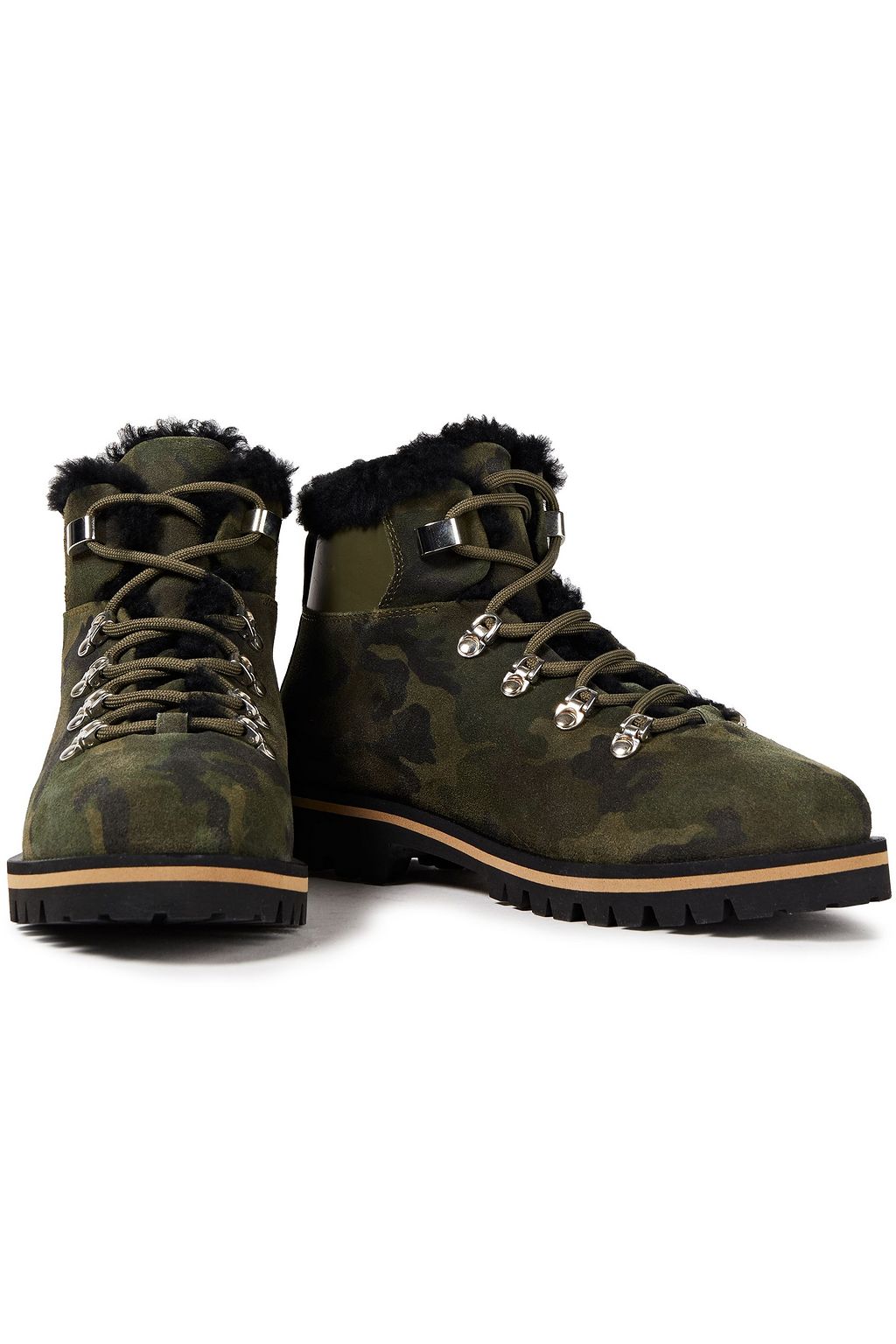 YVES SALOMON Lace-up shearling-trimmed leather and printed suede ankle boots