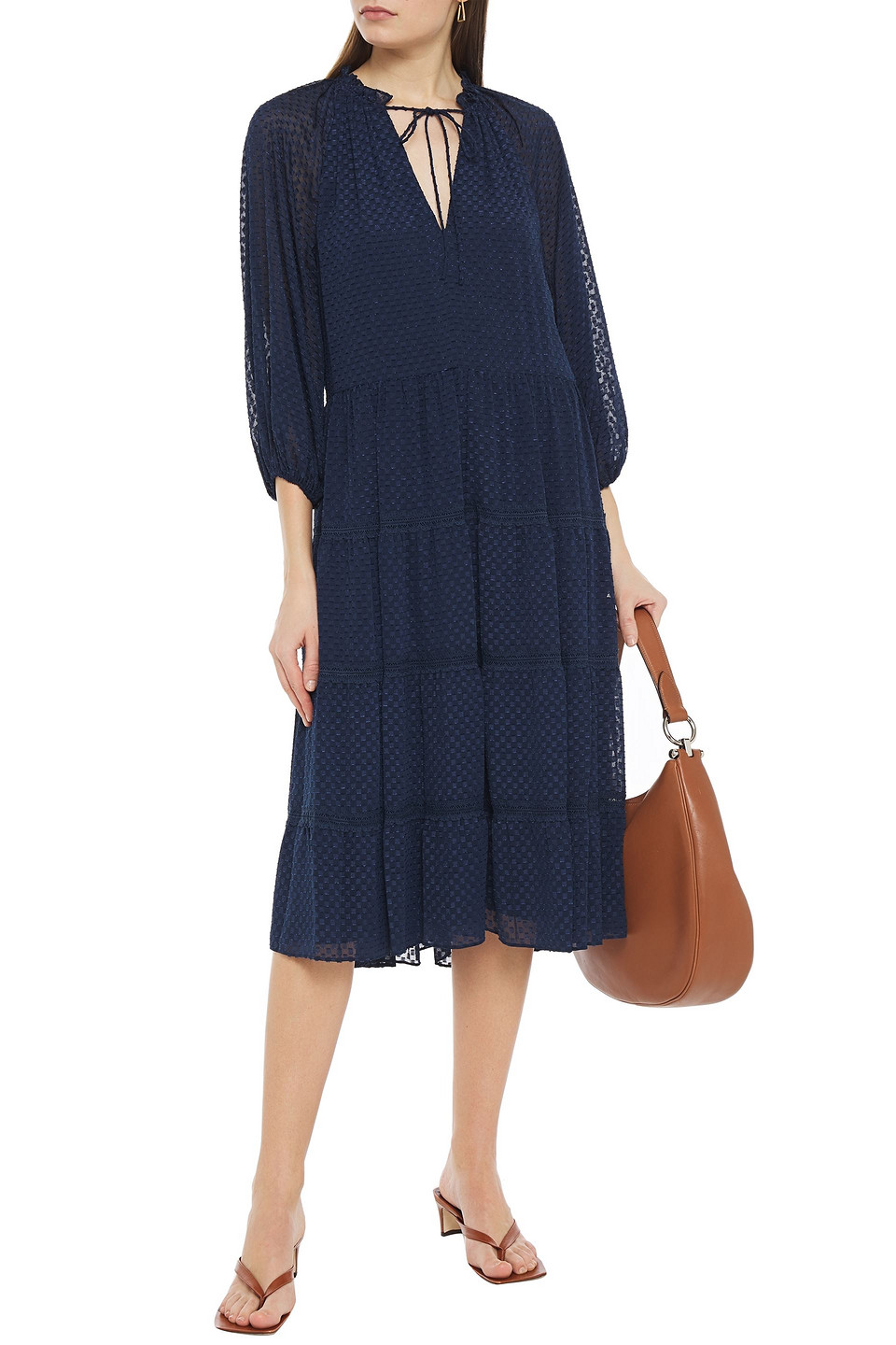 Alice And Olivia Tiered Metallic Fil Coupé Crepe De Chine Midi Dress In Blue