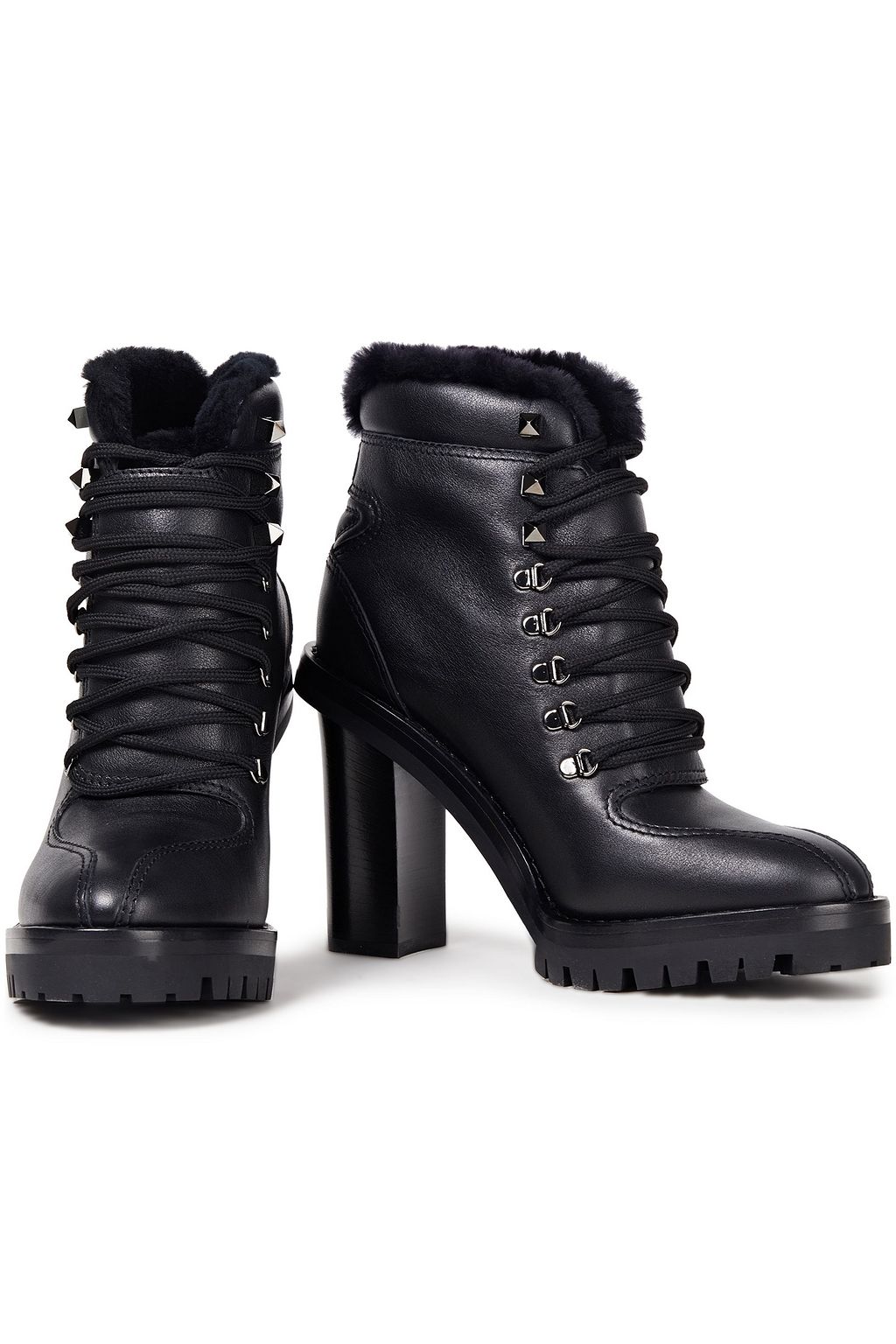 VALENTINO GARAVANI Shearling-lined lace-up leather ankle boots