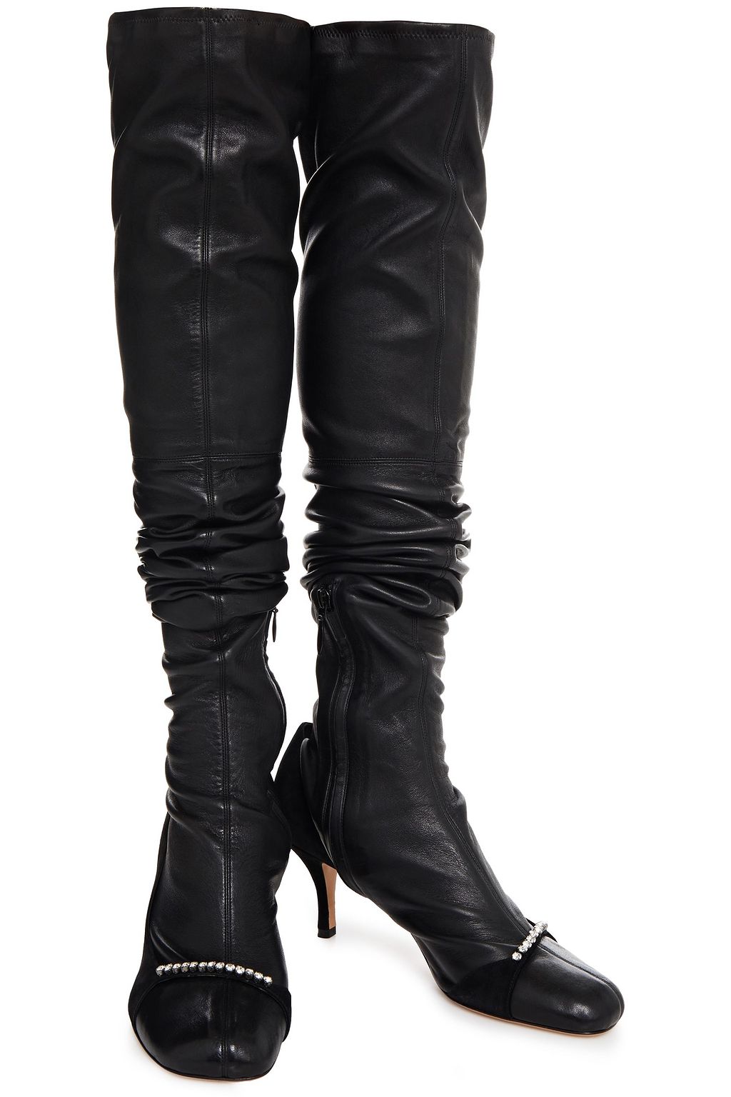 VALENTINO GARAVANI Crystal-embellished leather and suede over-the-knee boots