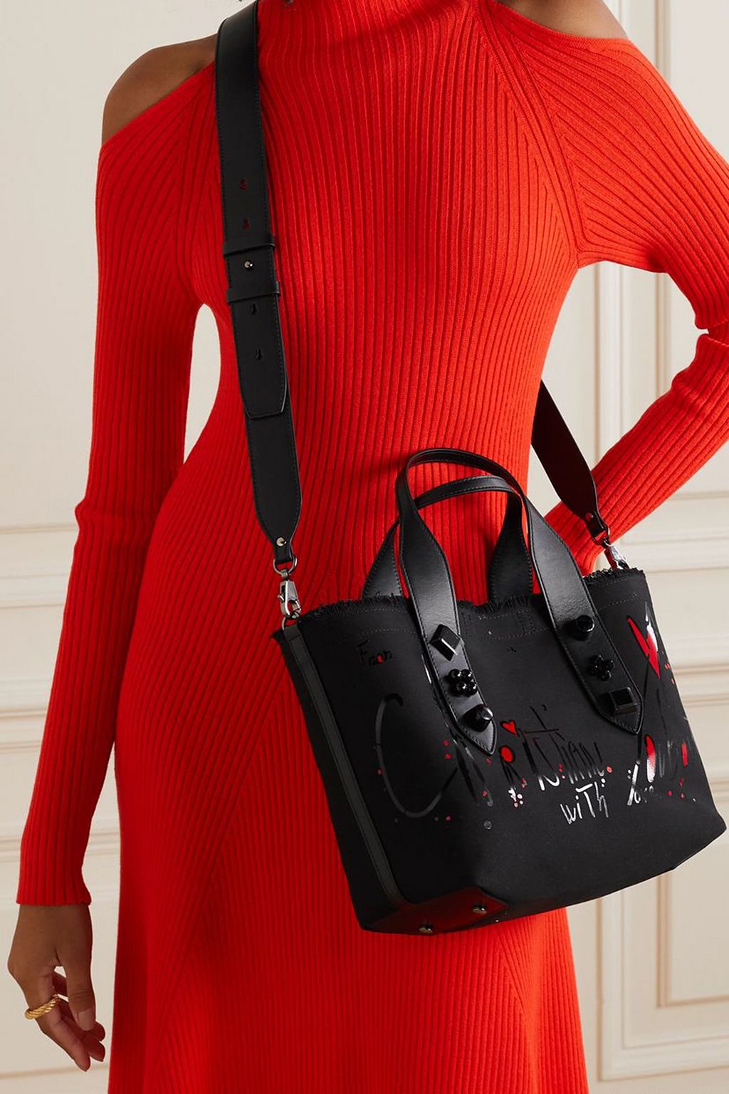 CHRISTIAN LOUBOUTIN Frangibus small leather-trimmed frayed printed canvas tote