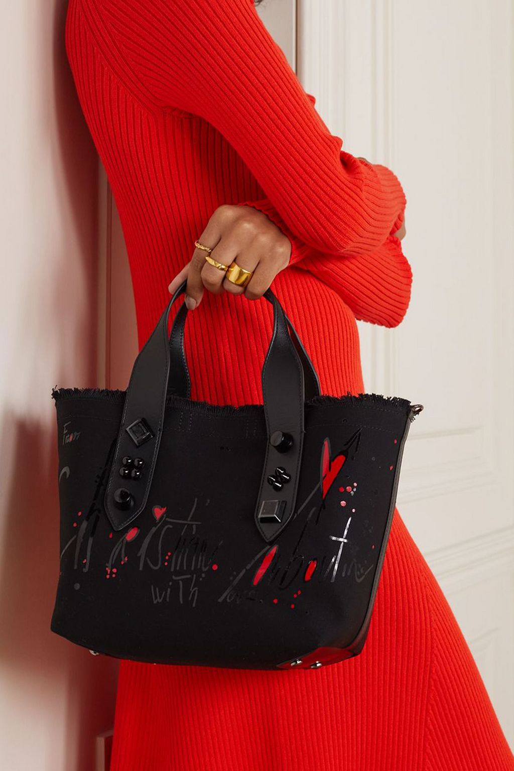 CHRISTIAN LOUBOUTIN Frangibus small leather-trimmed frayed printed canvas tote