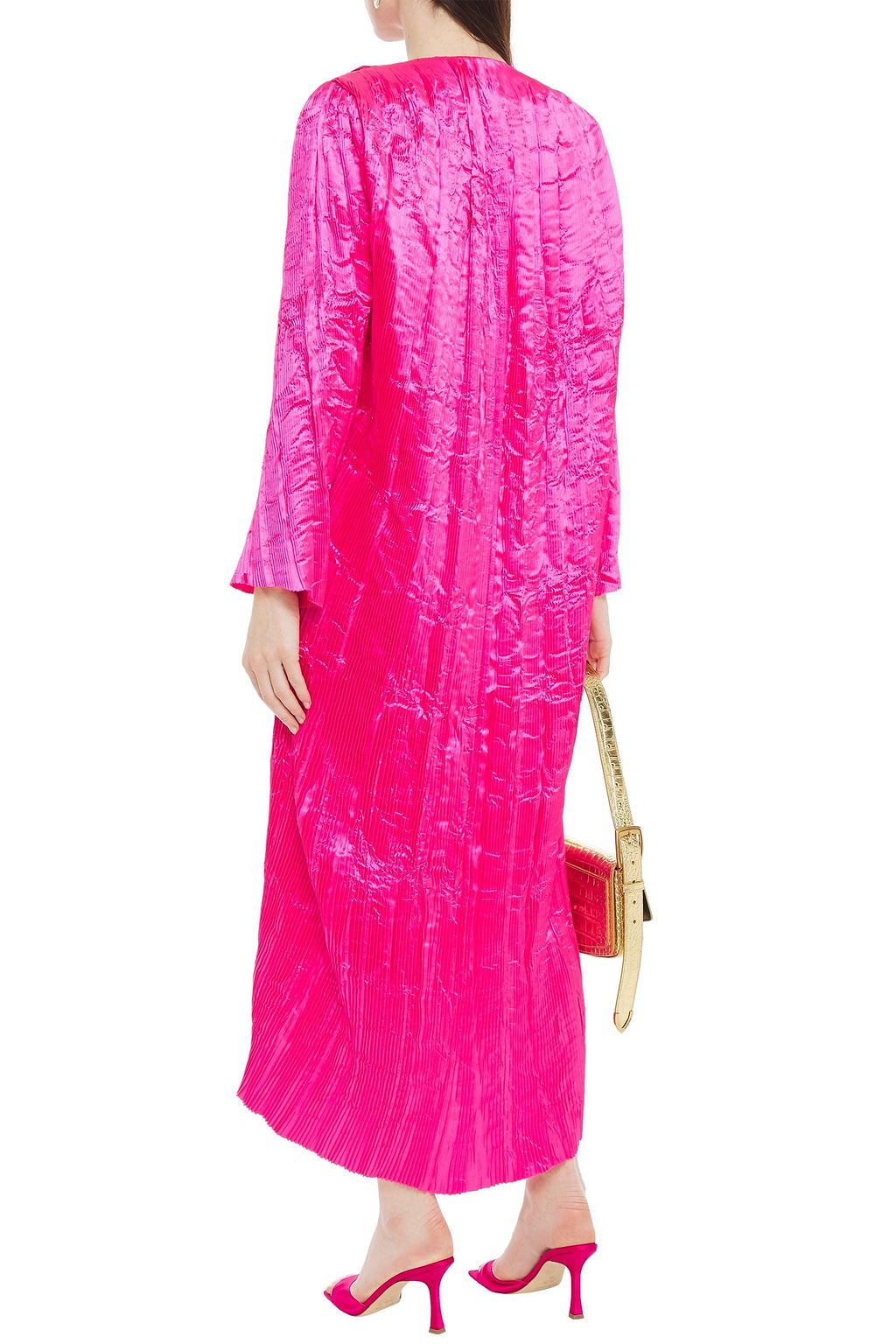 BALENCIAGA Oversized neon crinkled plissé-satin midi dress