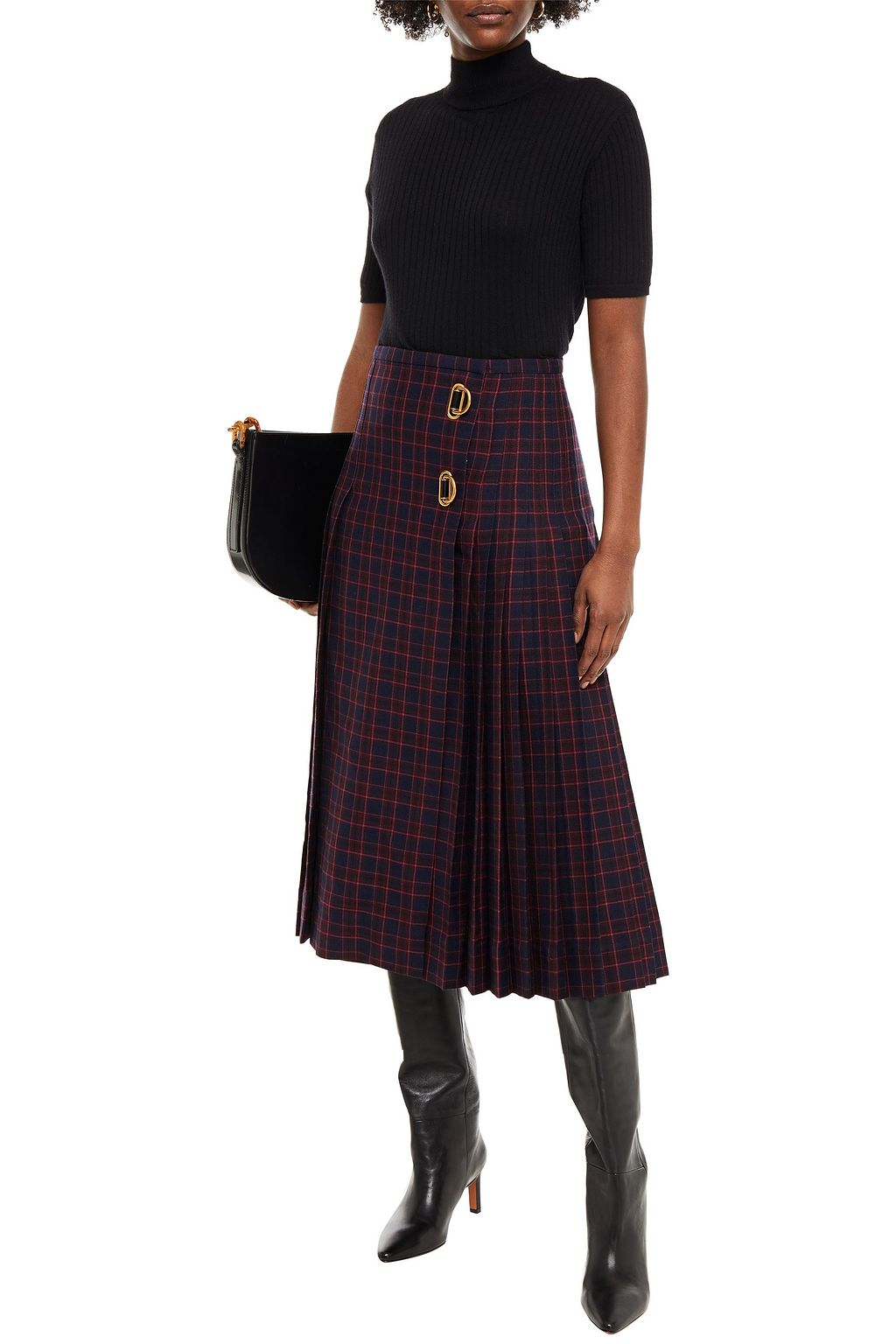 BURBERRY Pleated checked wool midi wrap skirt