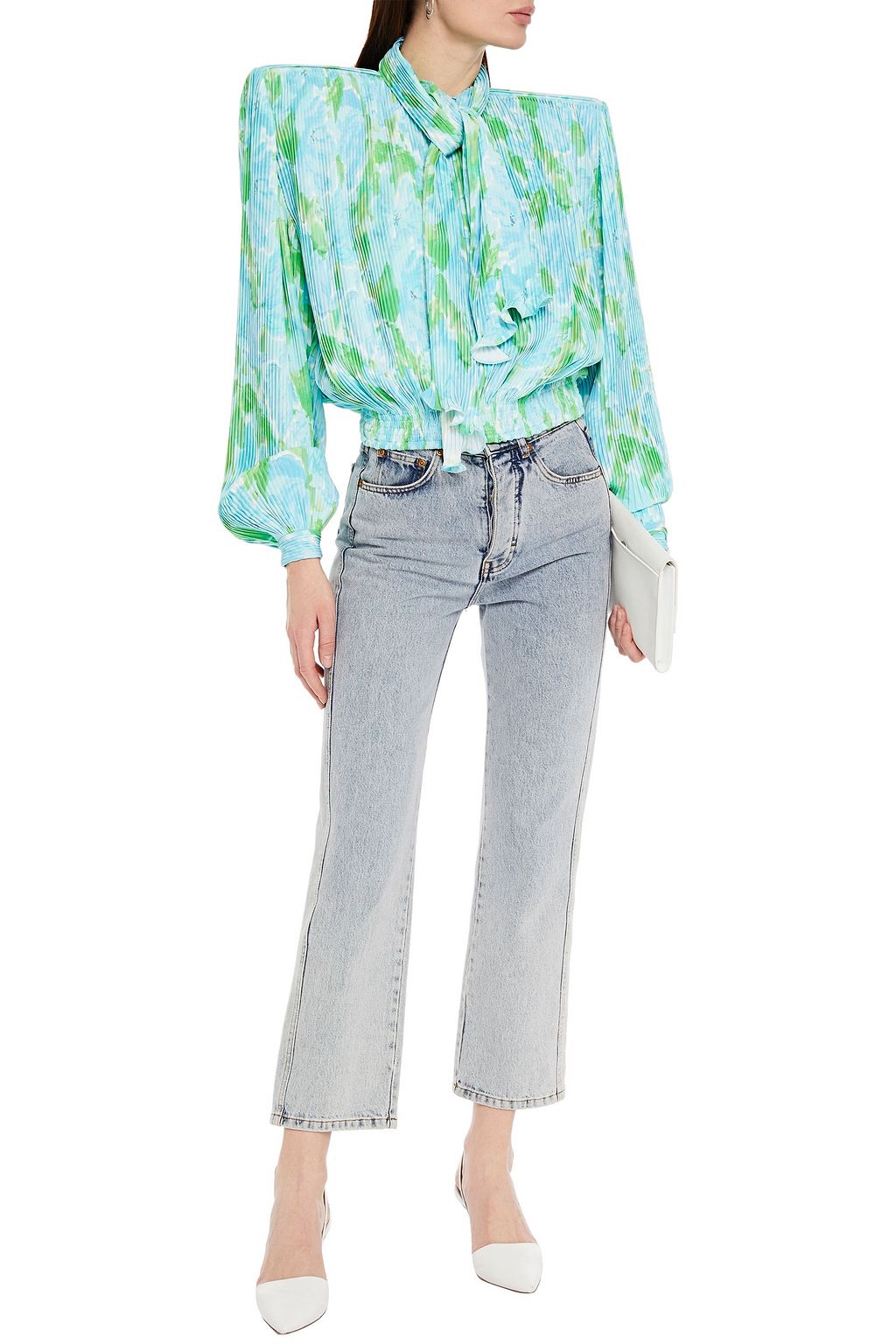 BALENCIAGA Tie-neck floral-print plissé-crepe blouse