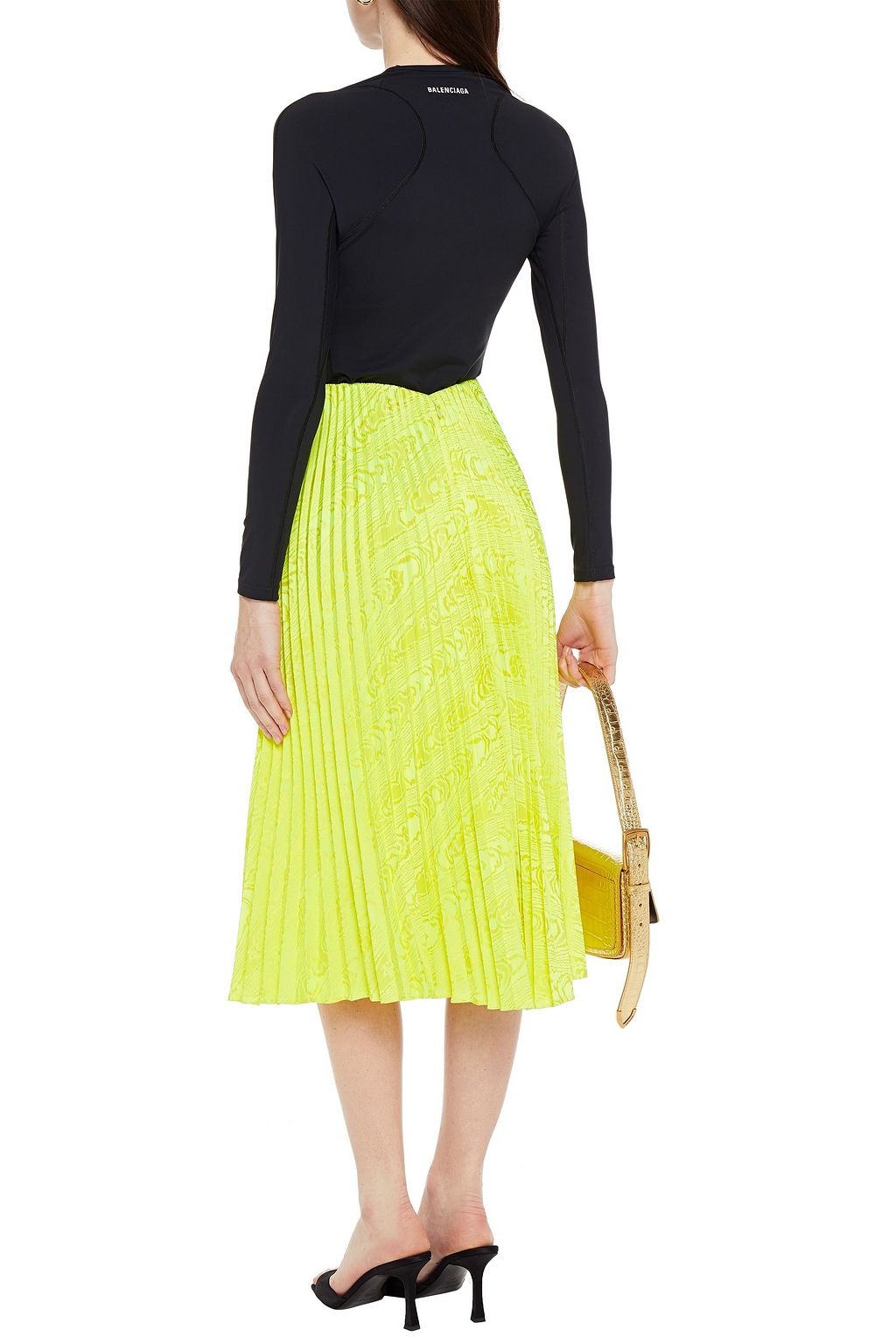 BALENCIAGA Neon pleated satin-jacquard midi skirt
