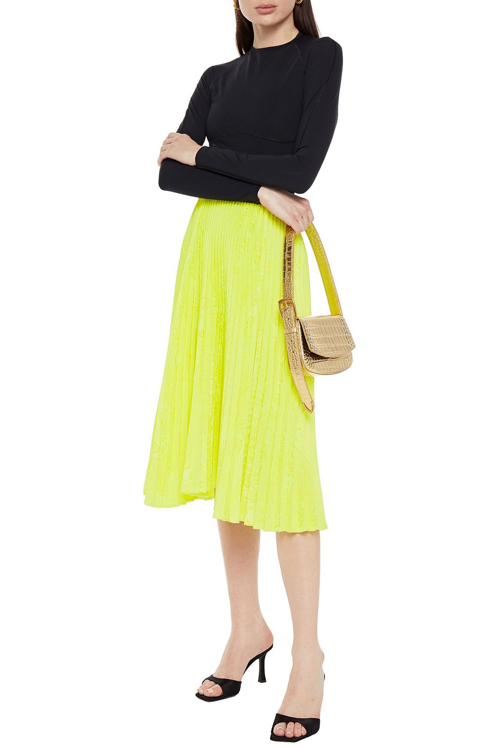 BALENCIAGA Neon pleated satin-jacquard midi skirt