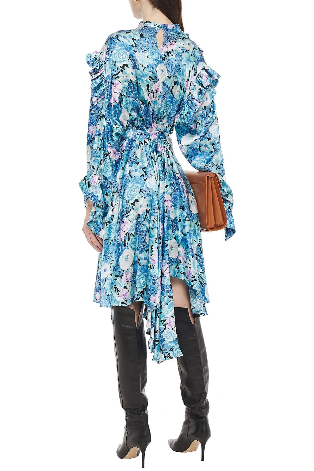BALENCIAGA Asymmetric belted ruffled floral-print silk-satin dress