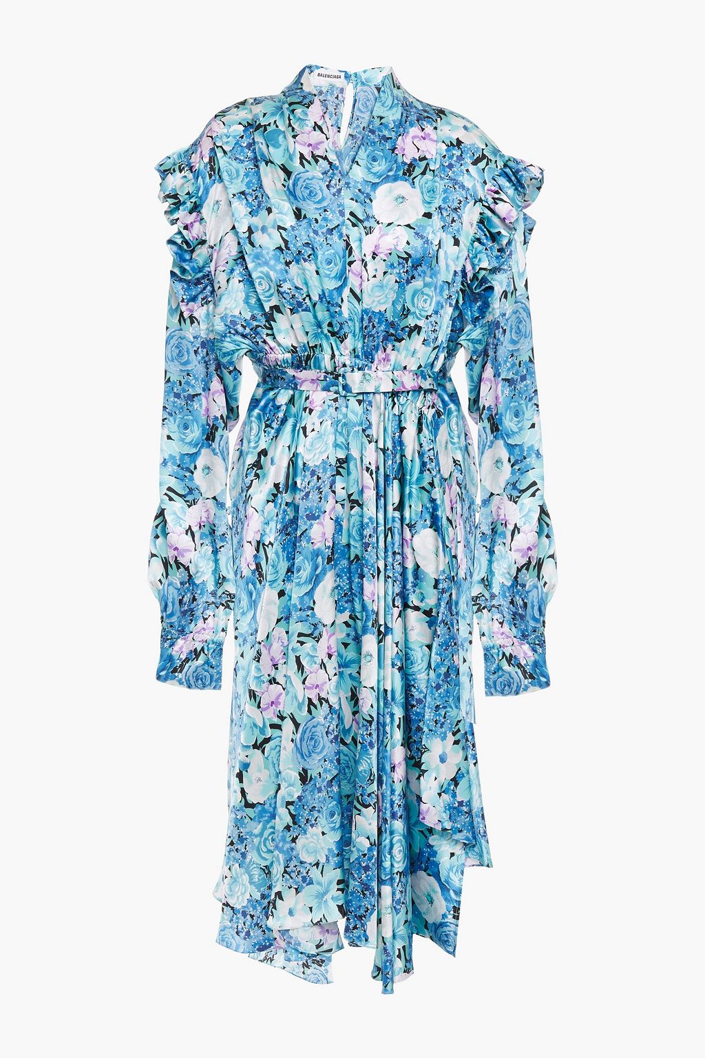 Asymmetric belted ruffled floral-print silk-satin dress up to 70% off | THE OUTNET | BALENCIAGA | THE OUTNET