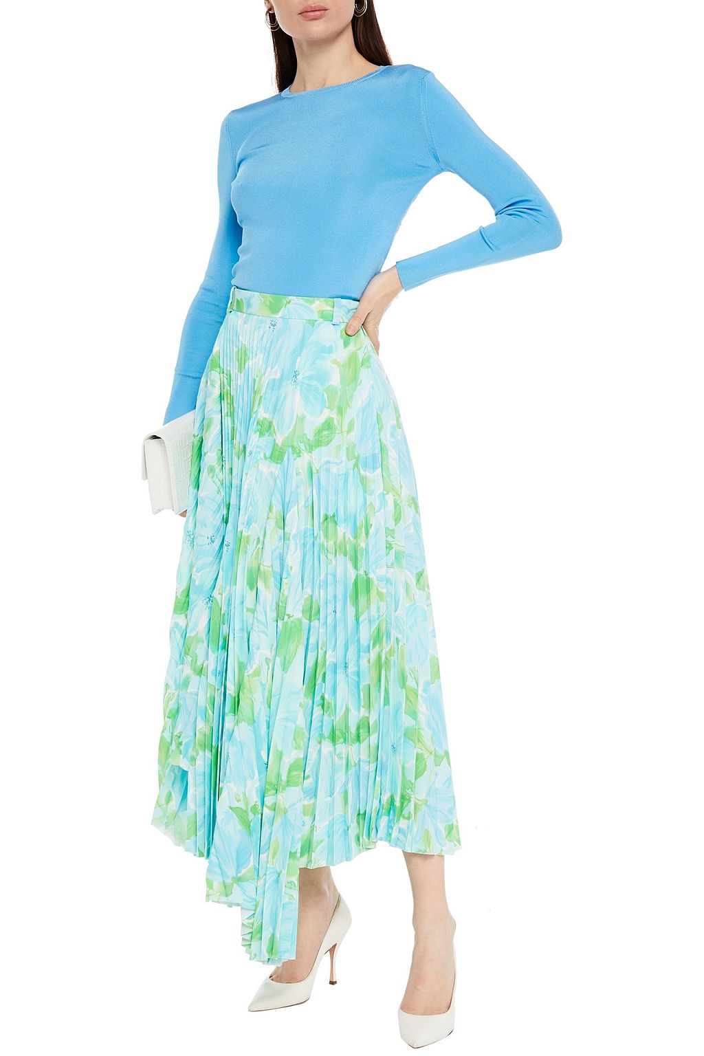 BALENCIAGA Asymmetric floral-print plissé-crepe skirt