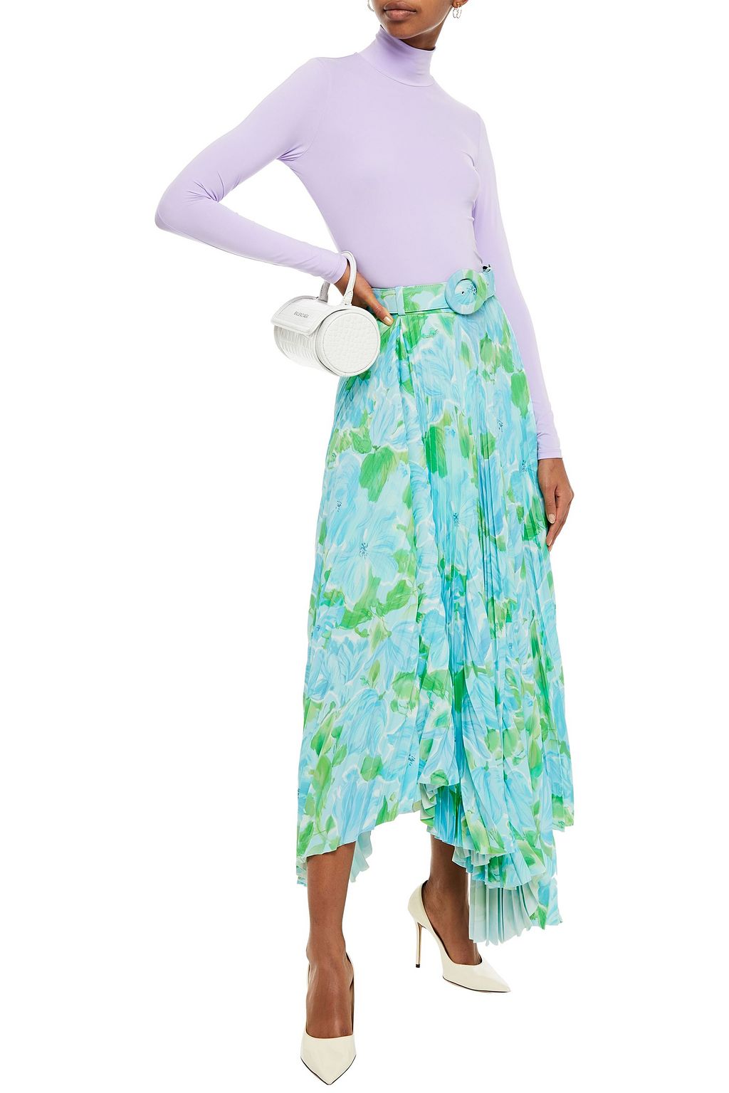 BALENCIAGA Asymmetric pleated floral-print crepe midi skirt