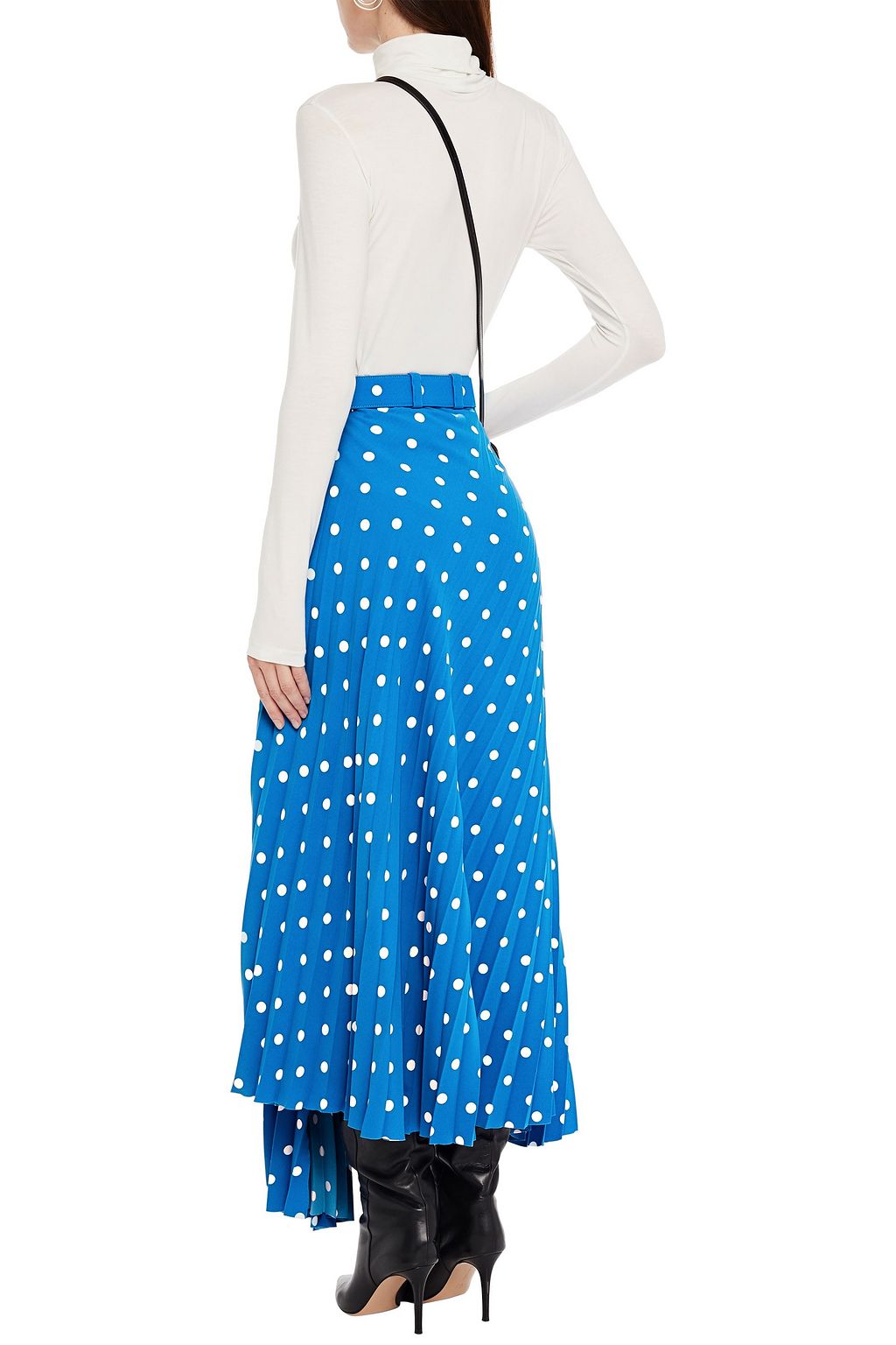 BALENCIAGA Asymmetric belted pleated polka-dot crepe midi skirt