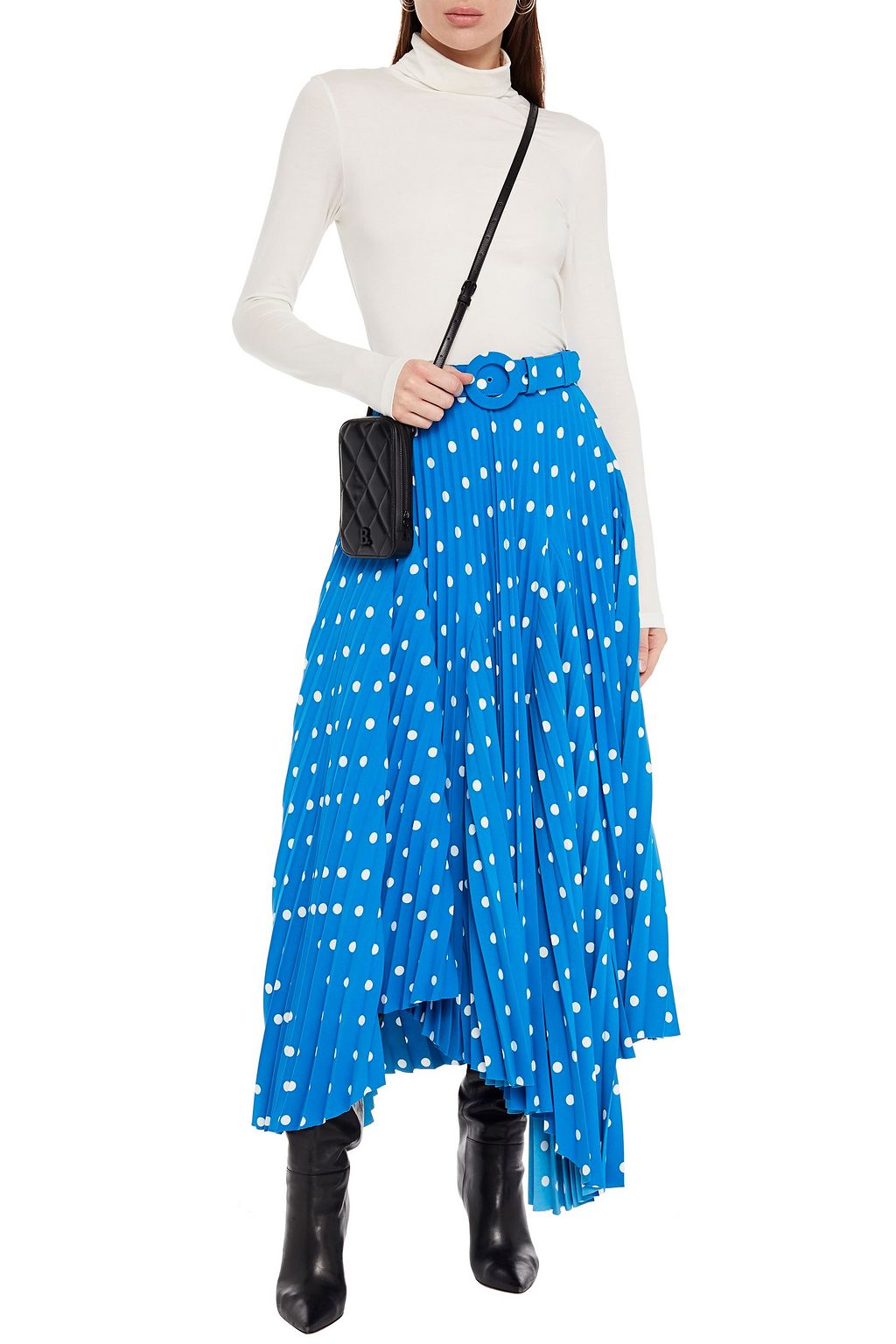 BALENCIAGA Asymmetric belted pleated polka-dot crepe midi skirt