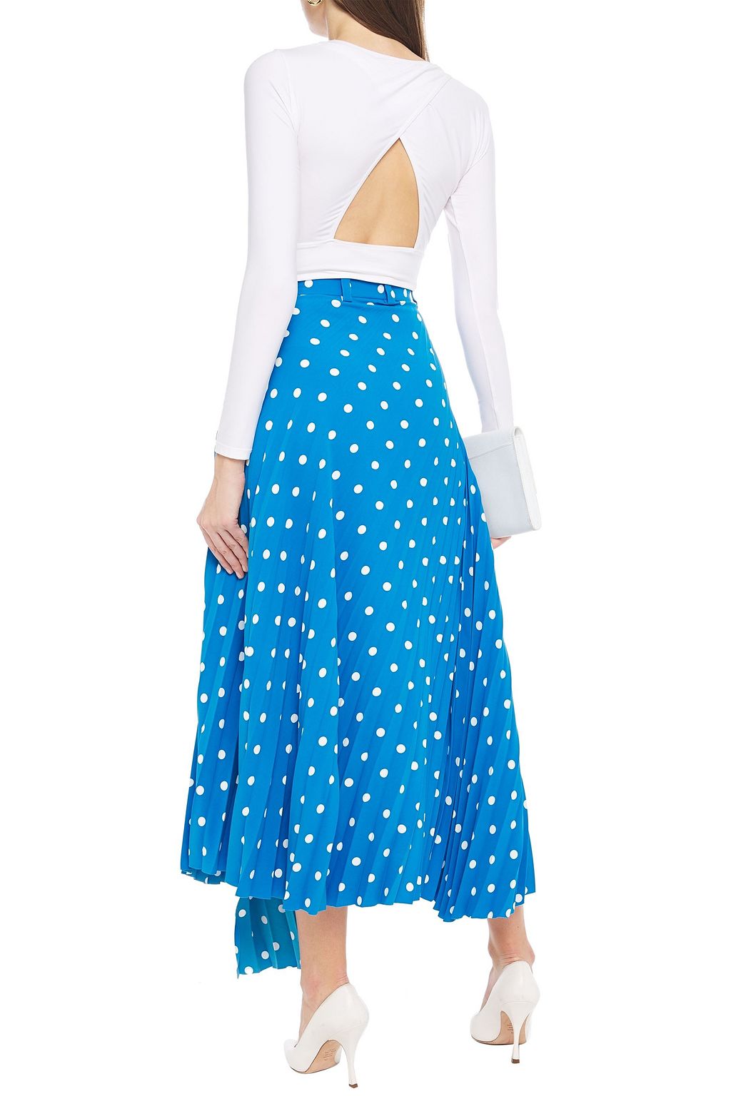 BALENCIAGA Asymmetric pleated polka-dot crepe midi skirt