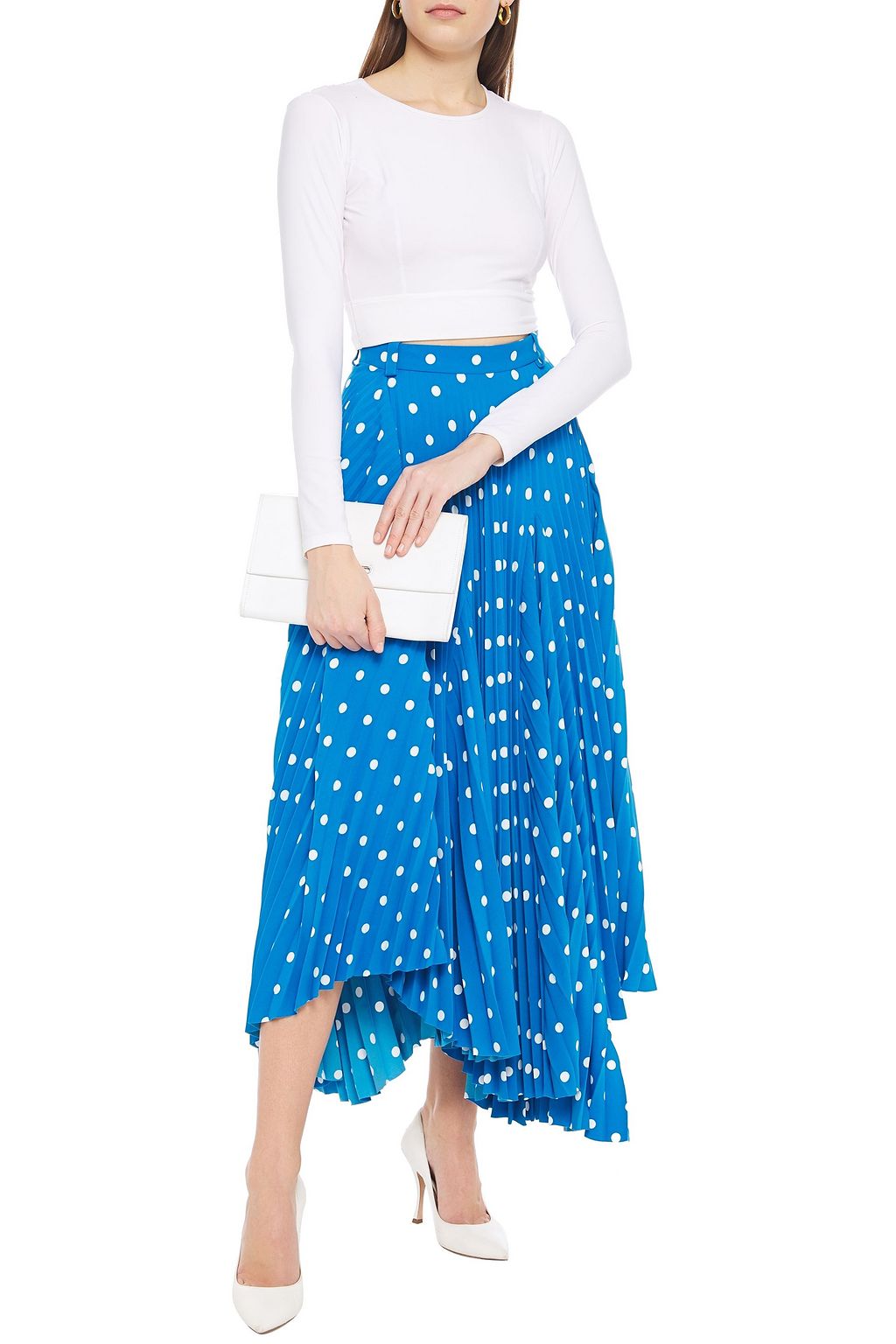 BALENCIAGA Asymmetric pleated polka-dot crepe midi skirt