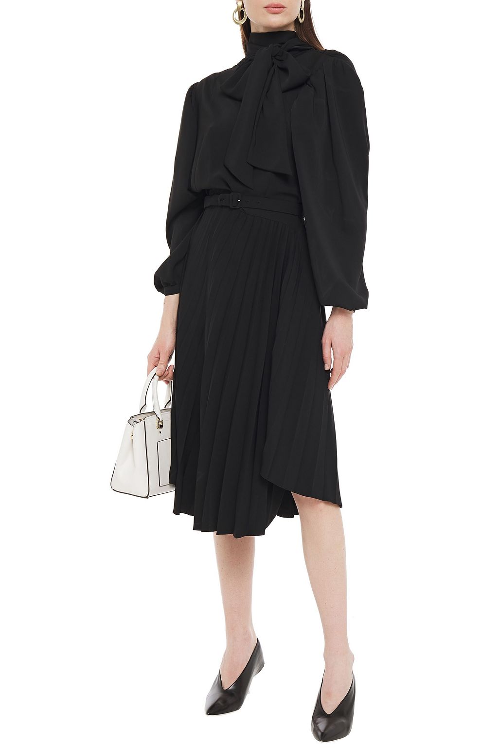 BALENCIAGA Pussy-bow belted pleated cady dress