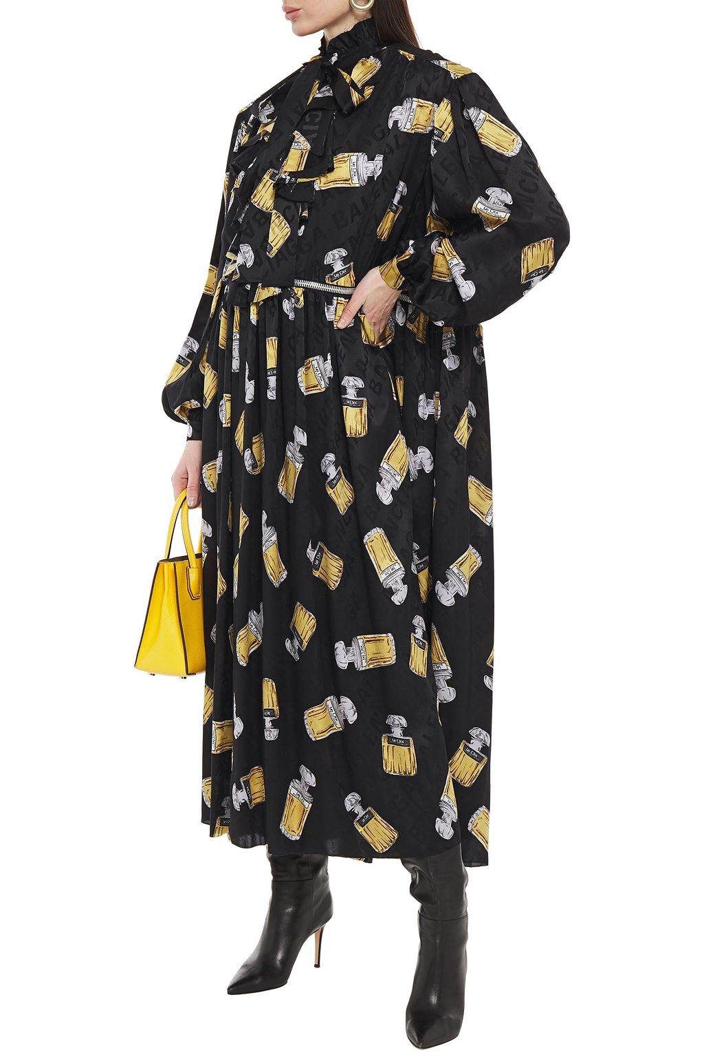 BALENCIAGA Tie-neck zip-detailed printed silk-satin jacquard maxi dress