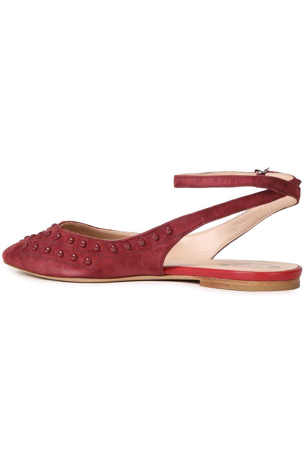 red suede pointed toe flats