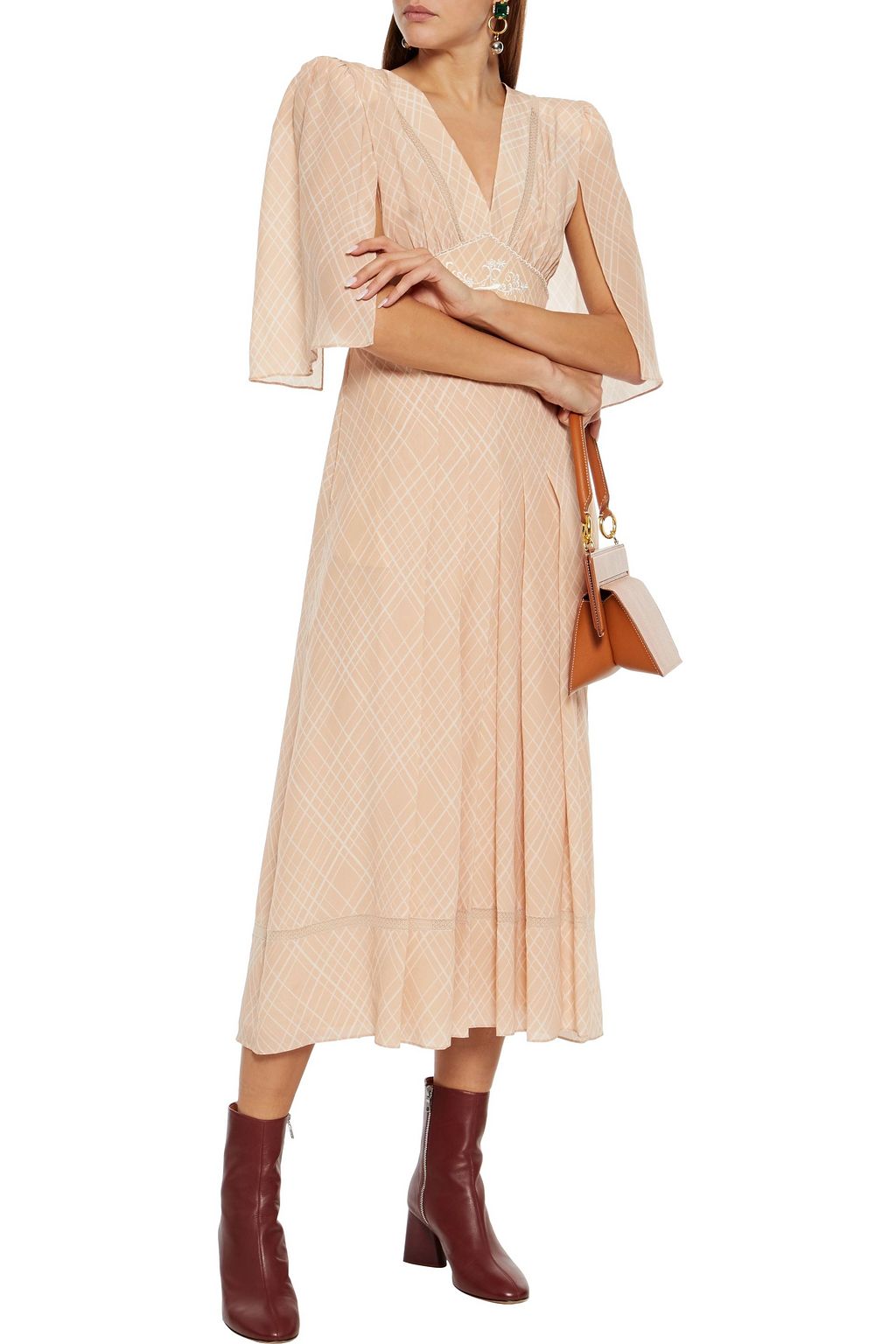 FENDI Pleated embroidered printed silk crepe de chine midi dress