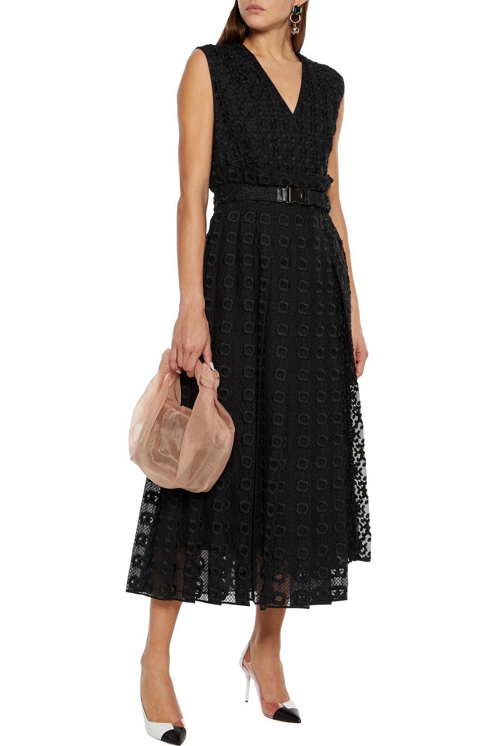 FENDI Belted pleated embroidered silk-organza midi dress