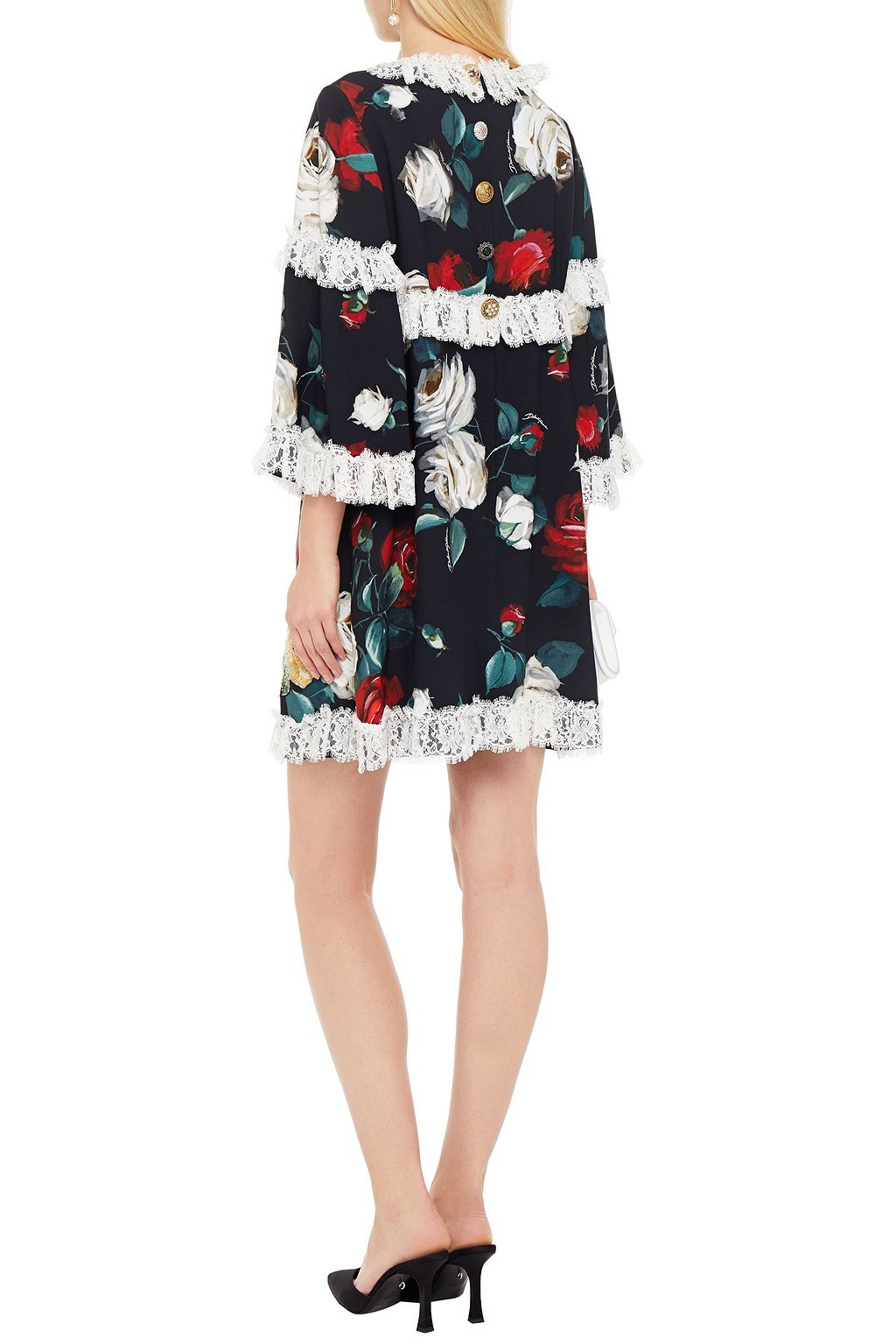 DOLCE&GABBANA Embellished lace-trimmed floral-print crepe de chine mini dress